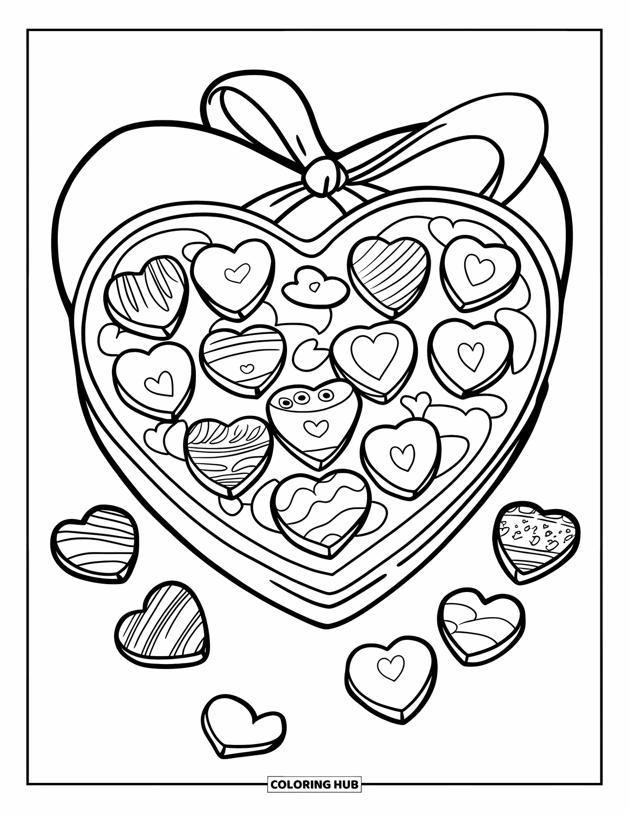 Desenho de Doces para Colorir para Crianças: Uma caixa de chocolates em forma de coração com vários pedaços e uma fita amarrada