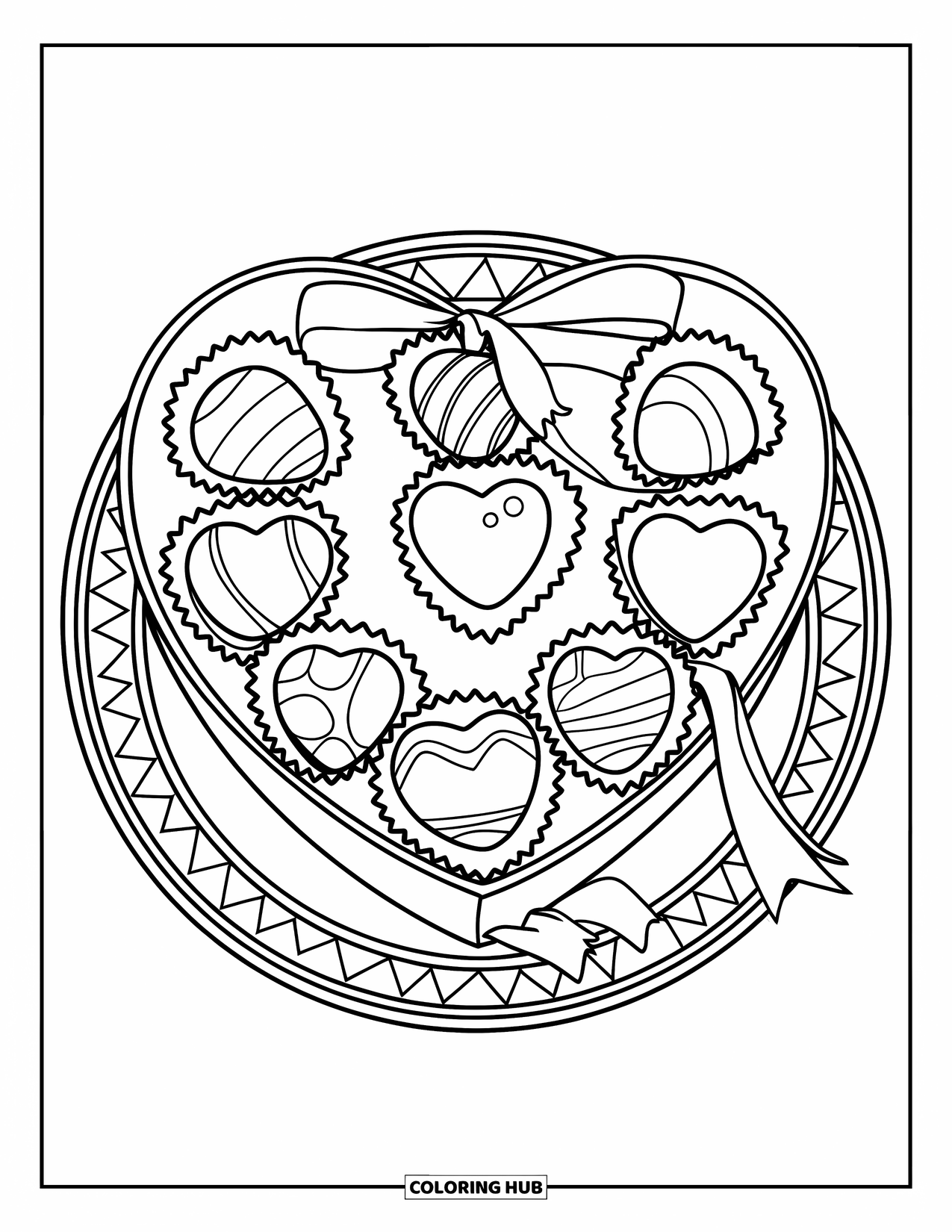 Desenho de Doces para Colorir para Crianças: Uma caixa de chocolates em forma de coração com vários pedaços e uma fita, apoiada em um prato