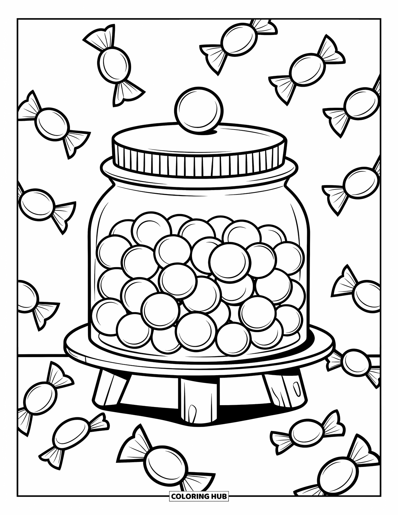 Desenho de Doces para Colorir para Crianças: Um pote cheio de doces redondos em um suporte de madeira, com embalagens espalhadas ao redor