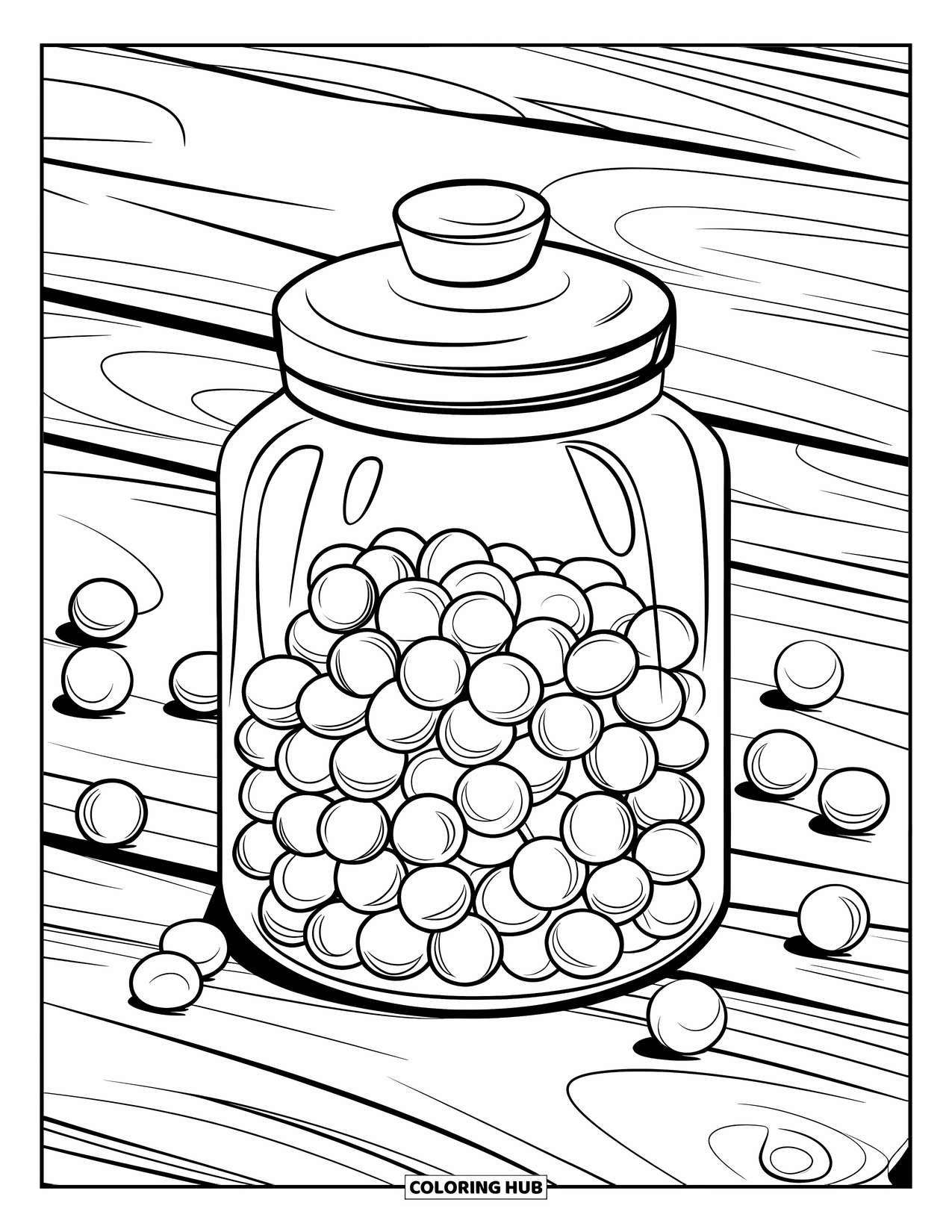 Desenho de Doces para Colorir para Crianças: Um pote cheio de doces redondos, colocado em uma superfície de madeira com doces espalhados ao redor