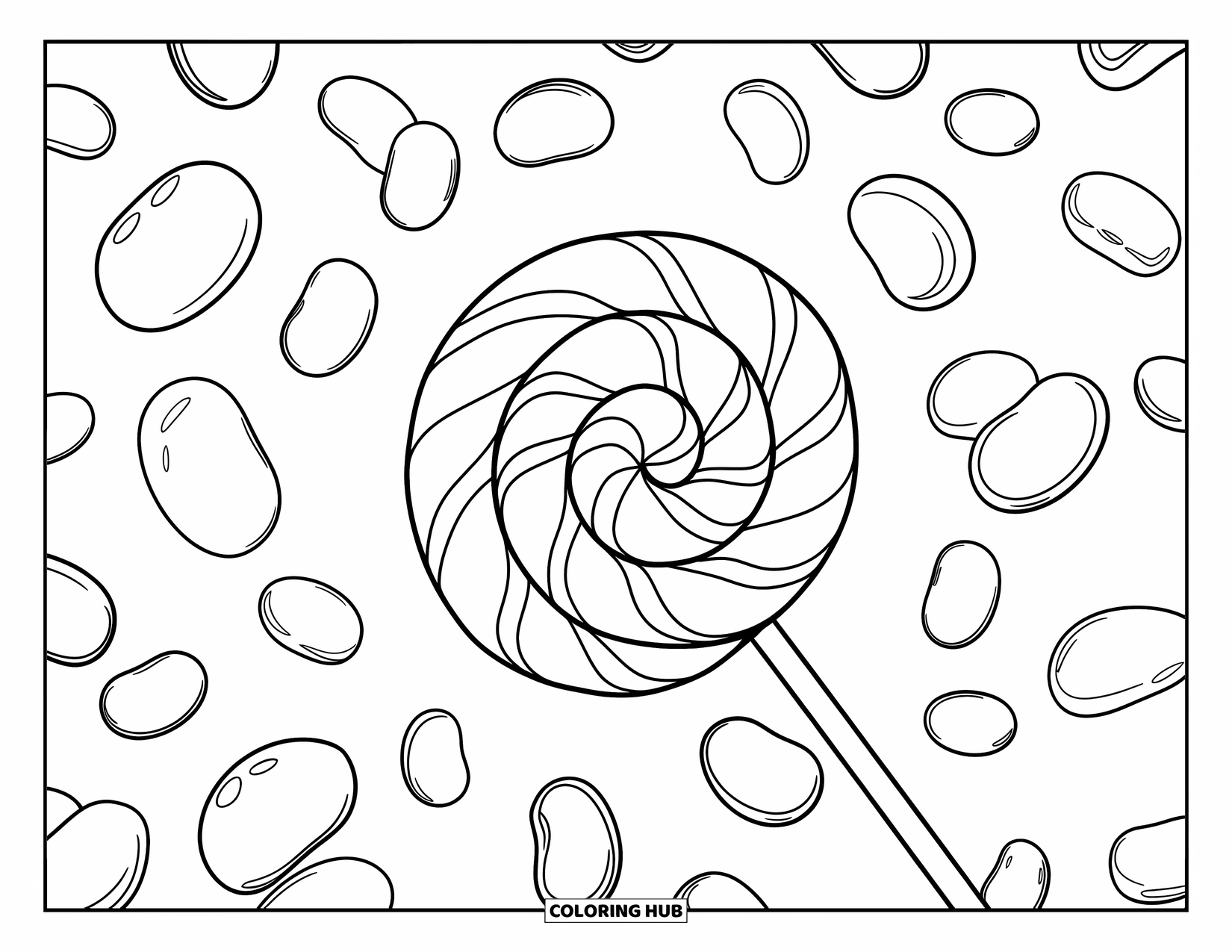 Desenho de Doces para Colorir para Crianças: Um pirulito grande e intrincado cercado por jujubas flutuantes em um design divertido e marcante