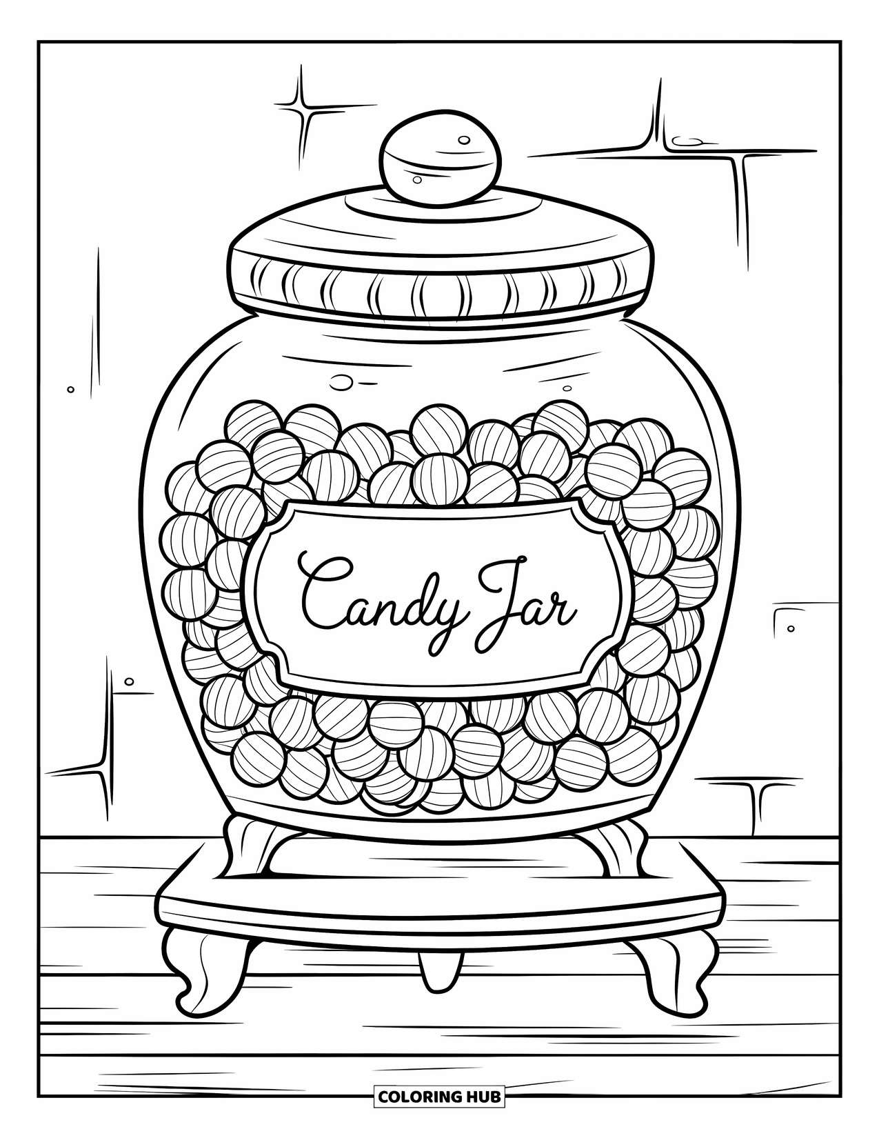 Desenho de Doces para Colorir para Crianças: Um grande pote cheio de doces redondos, rotulado como "Candy Jar", sentado em um suporte de madeira
