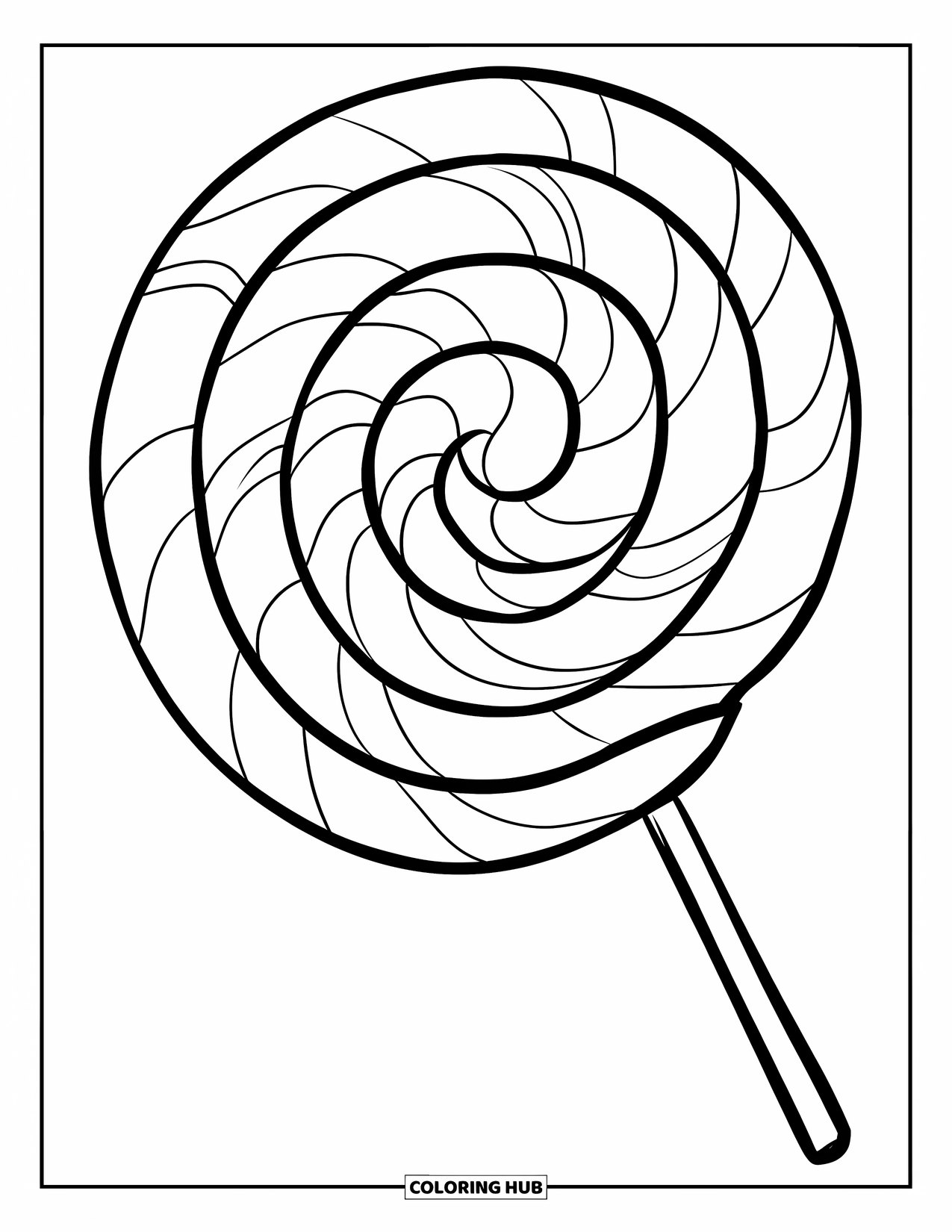 Desenho de Doces para Colorir para Crianças: Um pirulito grande com um design em espiral, contornos limpos e uma vibe alegre