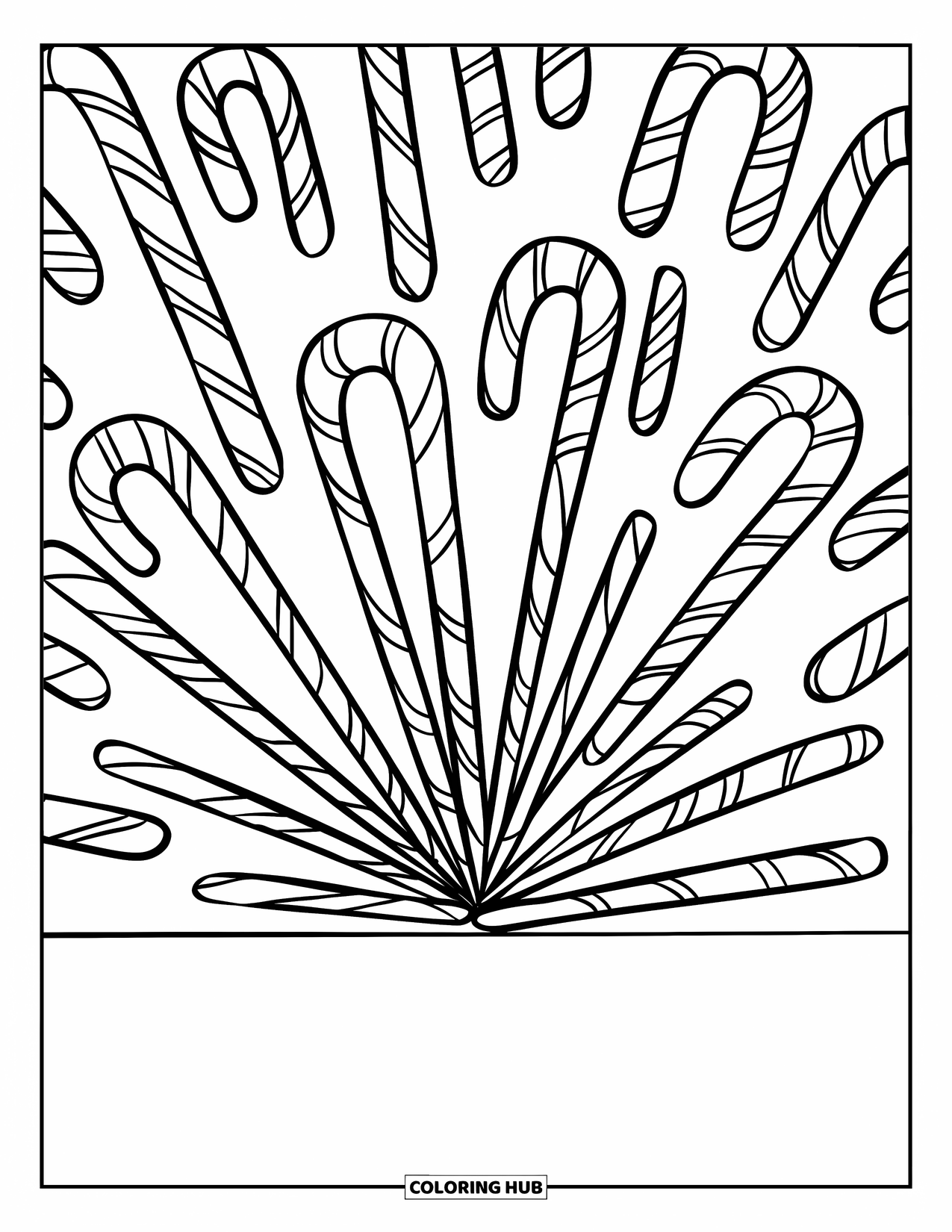 Desenho de Doces para Colorir para Crianças: Um arco-íris de bengalas doces dispostas em forma de leque, adequado para alunos do ensino fundamental