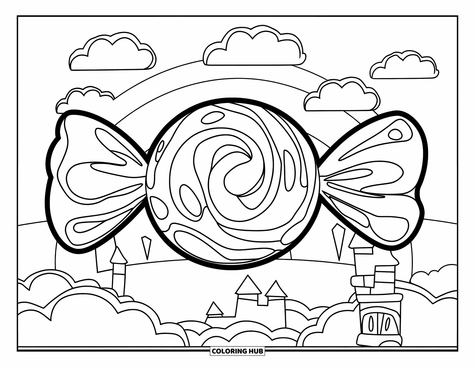 Desenho de Doces para Colorir para Crianças: Um doce redondo com padrões em espiral, ambientado em uma cena fofa com nuvens, um arco-íris e um castelo