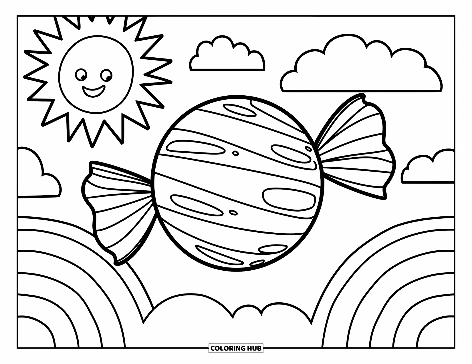 Desenho de Doces para Colorir para Crianças: Um doce redondo com padrões em espiral, ambientado em uma cena alegre com um sol sorridente e arco-íris