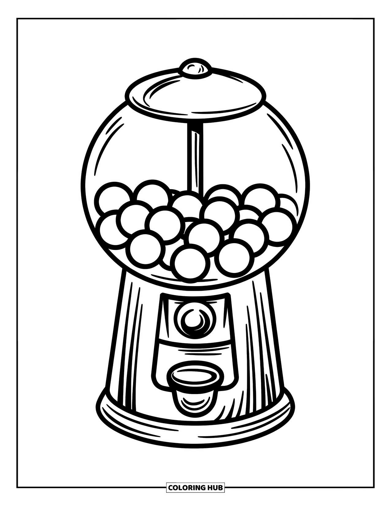 Desenho de Doces para Colorir para Crianças: Uma máquina de chiclete simples com chicletes dentro e uma fenda para moedas na parte superior