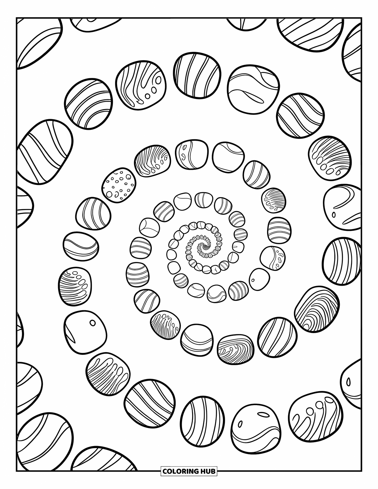 Desenho de Doces para Colorir para Crianças: Uma espiral de jujubas criando um padrão divertido e dinâmico com tamanhos e padrões variados