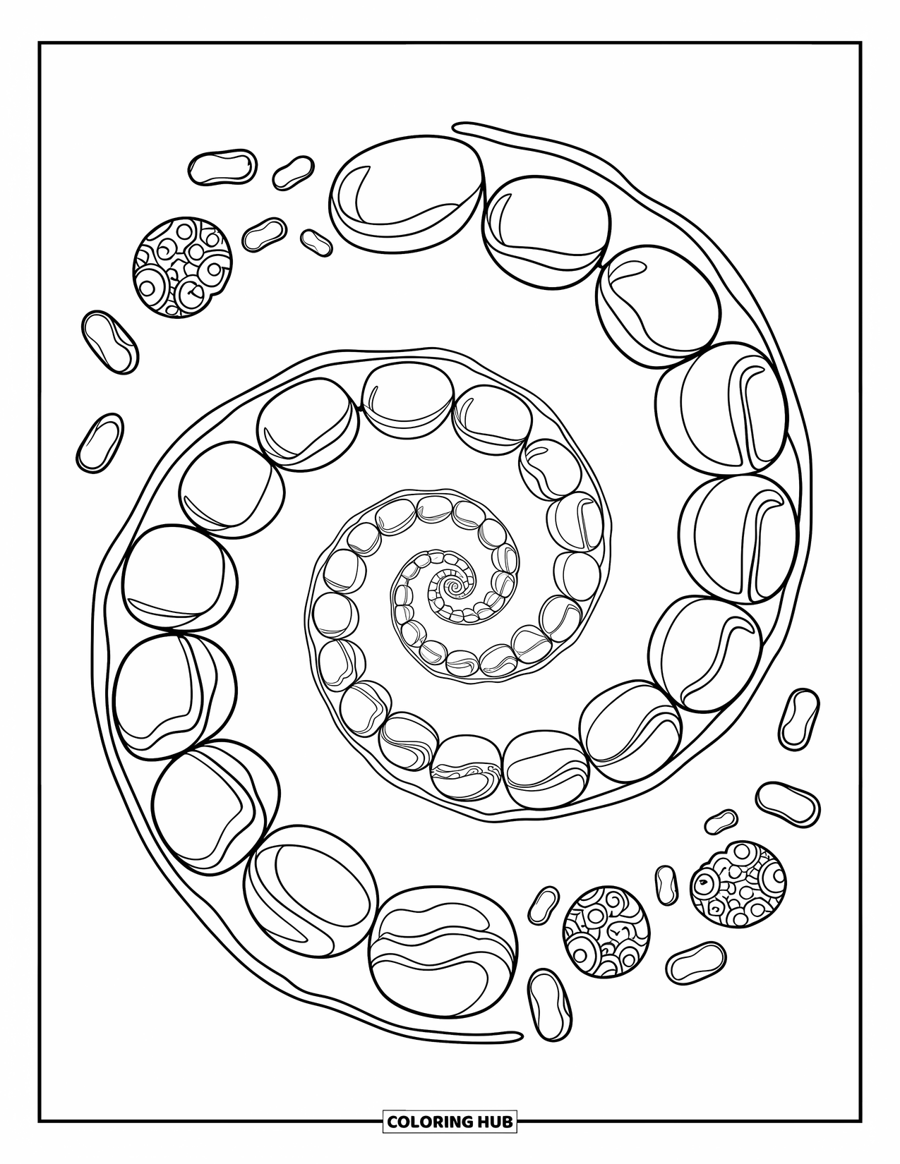 Desenho de Doces para Colorir para Crianças: Uma espiral de jujubas com diferentes tamanhos dispostos em um padrão dinâmico estilo cursivo
