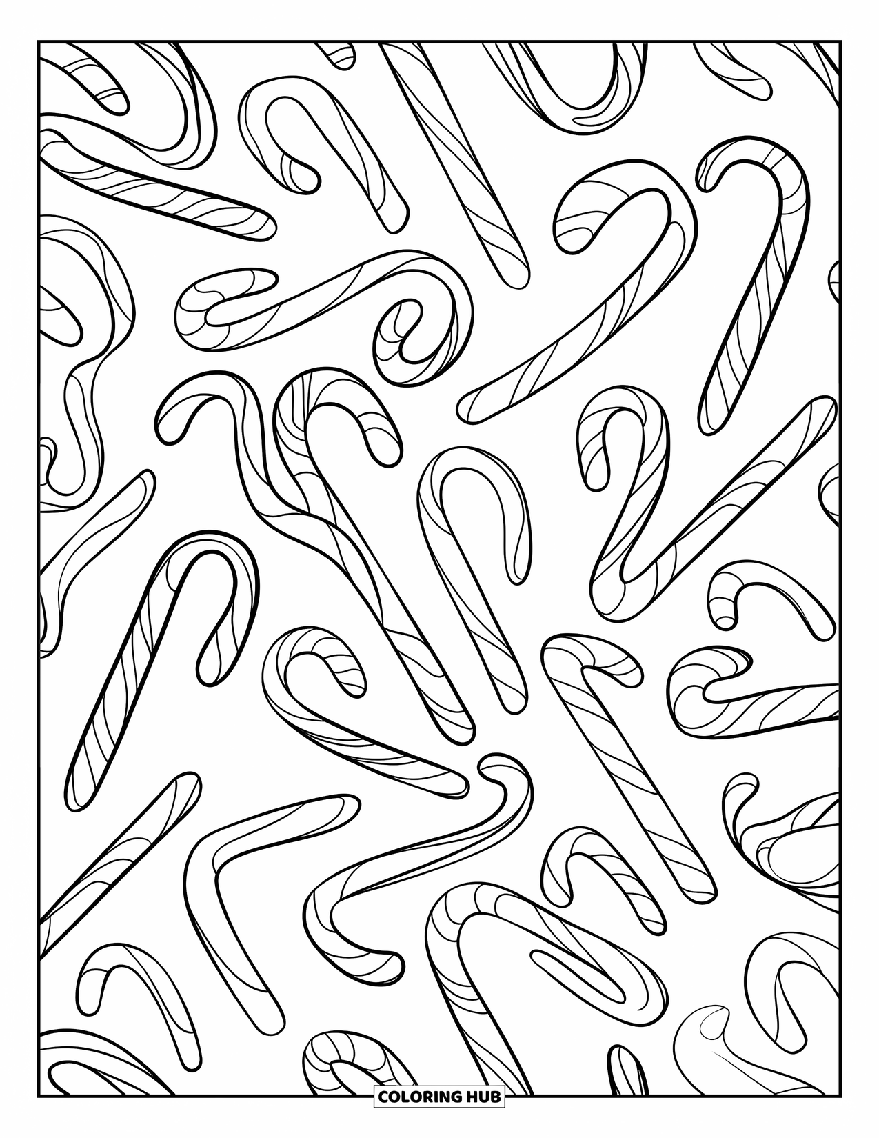 Desenho de Doces para Colorir para Crianças: Um padrão de bengala doce em espiral com contornos marcantes preenchendo toda a página