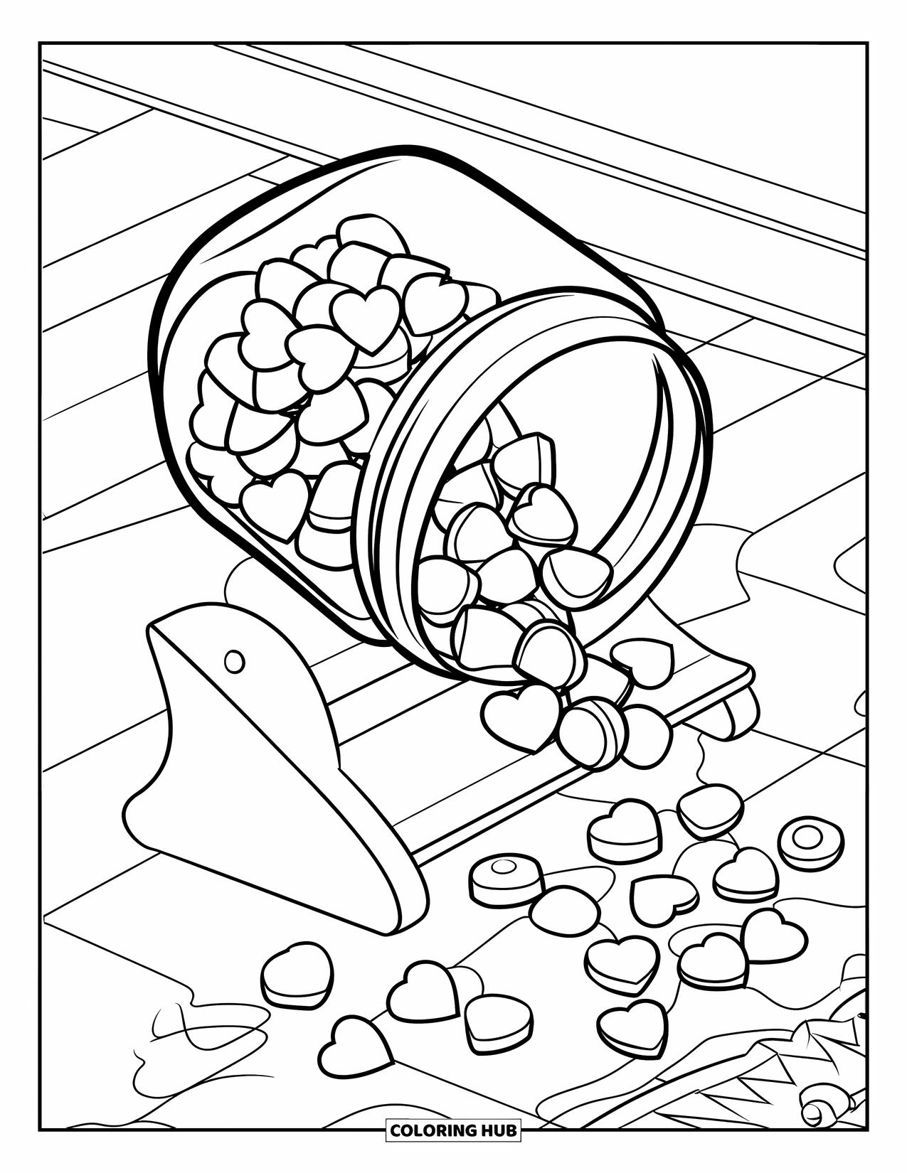 Desenho de Doces para Colorir para Crianças: Um pote de doces tombado com doces derramados em forma de corações, estrelas e círculos