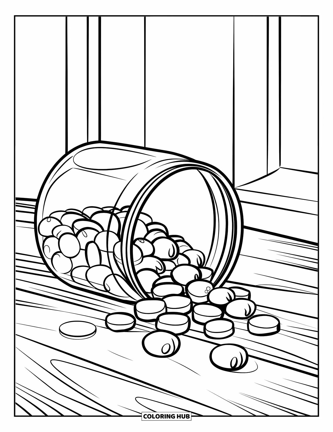 Desenho de Doces para Colorir para Crianças: Um pote de doces tombado derramando doces em uma mesa de madeira com formas de doces espalhadas