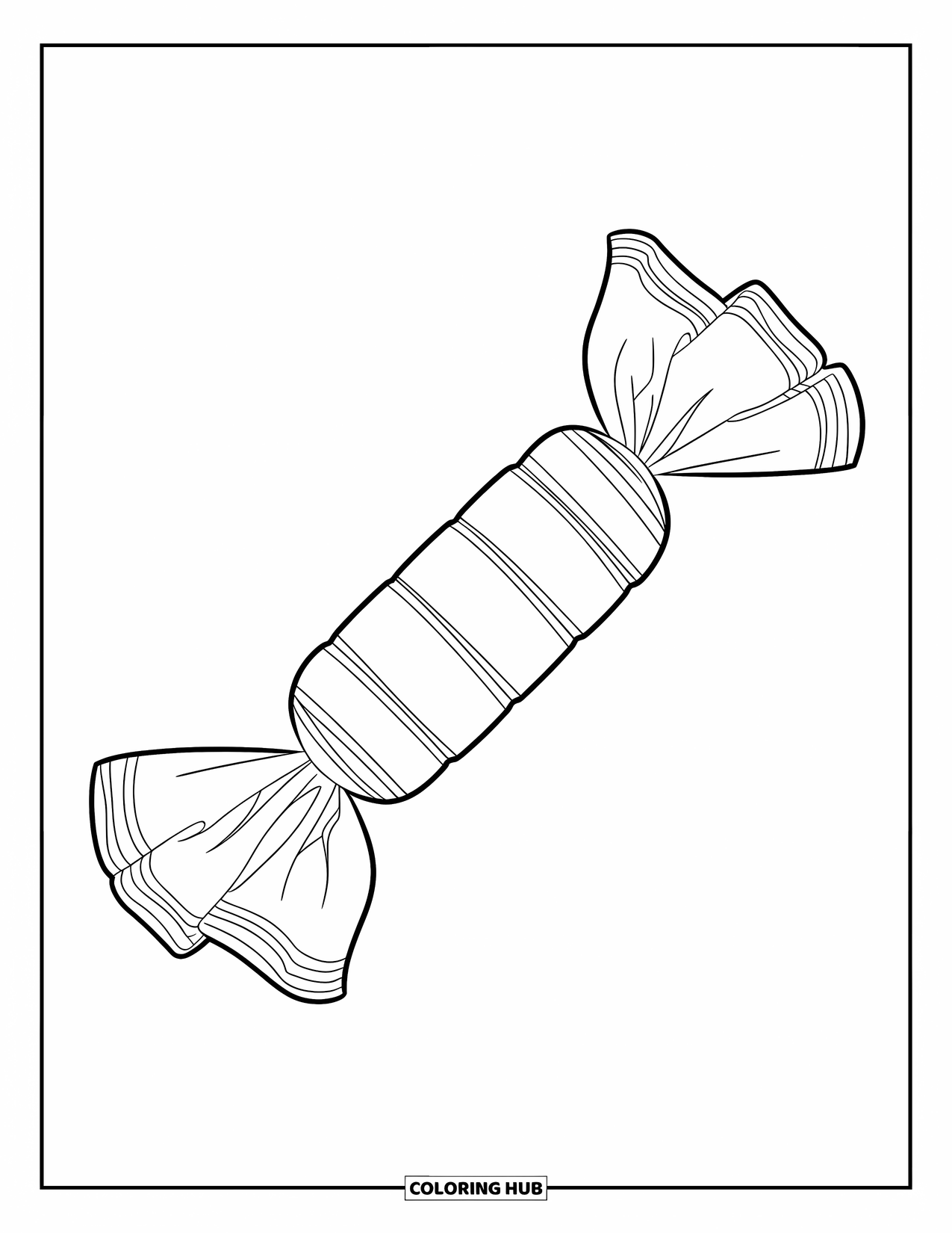 Desenho de Doces para Colorir para Crianças: Um caramelo embrulhado com pontas marcantes, flutuando no ar sem detalhes de fundo