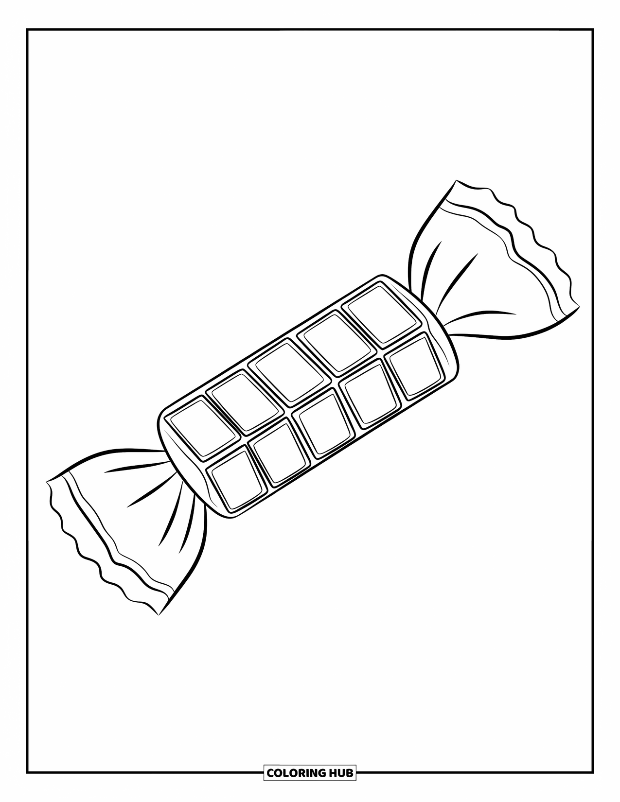 Desenho de Doces para Colorir para Crianças: Um caramelo embrulhado com pontas marcantes, flutuando sem nenhum elemento de fundo
