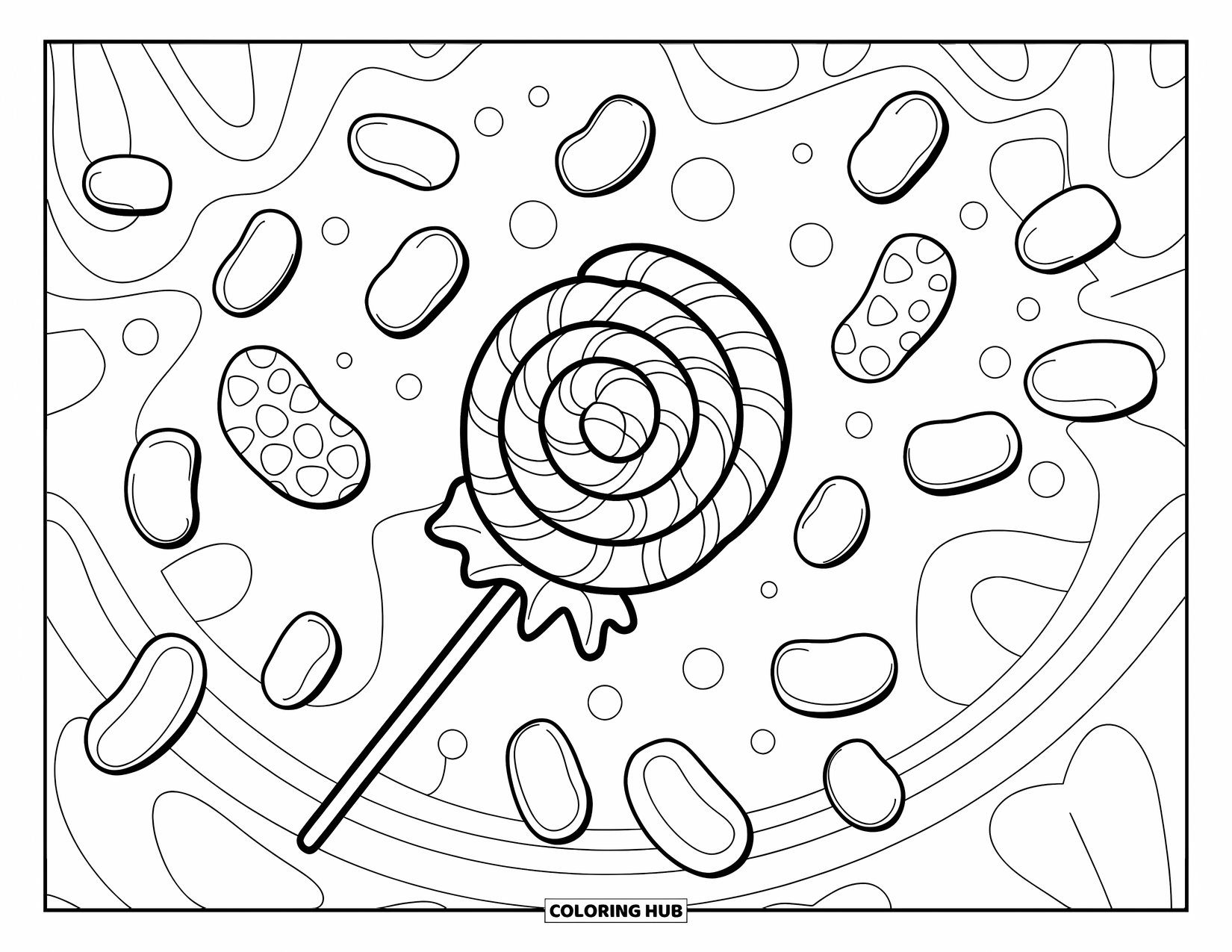 Desenho de Doces para Colorir para Crianças: Um pirulito intrincado cercado por jujubas flutuantes e pequenos doces redondos em um design limpo