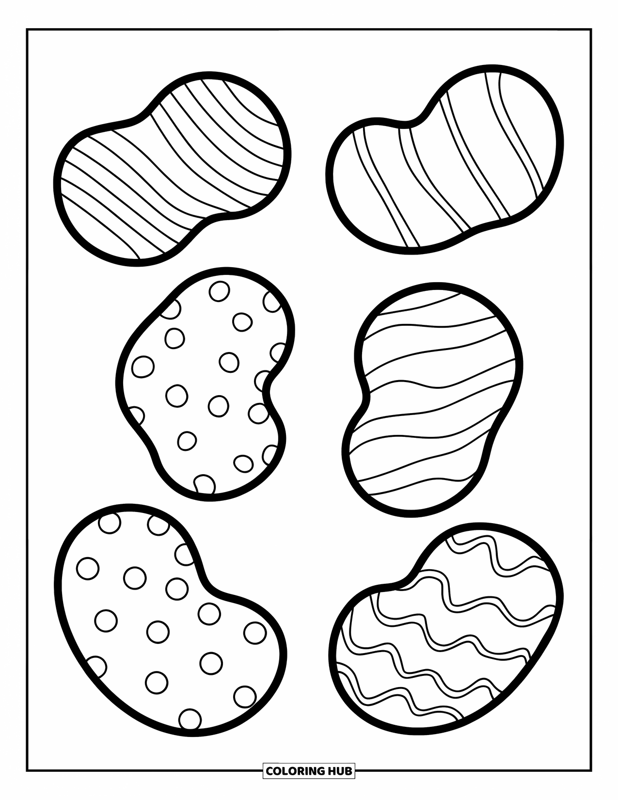 Desenho de Doces para Colorir para Crianças: Cinco jujubas espalhadas pela página com formas e padrões marcantes, como listras e espirais