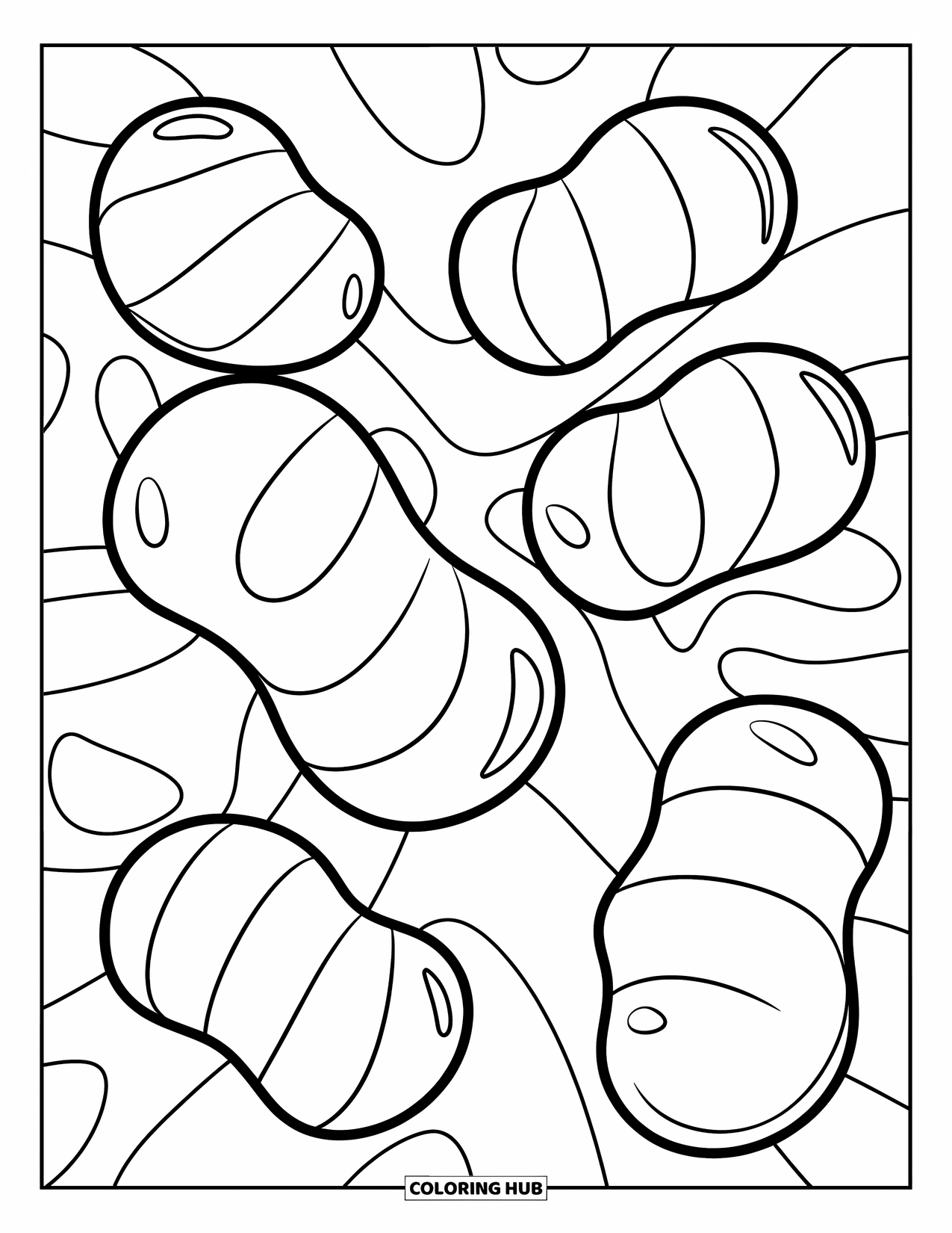 Desenho de Doces para Colorir para Crianças: Cinco jujubas espalhadas com formas arredondadas, sem sombreamento ou texturas, prontas para colorir
