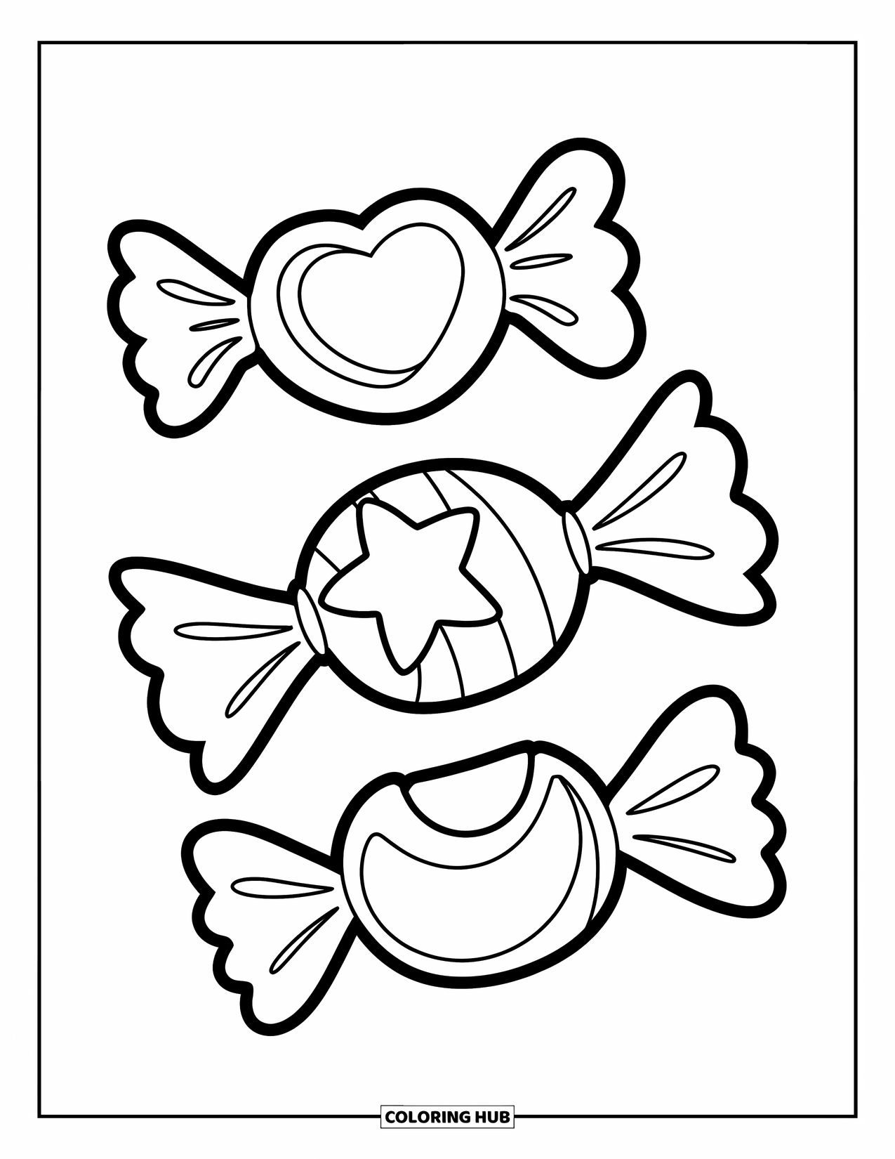 Desenho de Doces para Colorir para Crianças: Três doces embrulhados em diferentes formatos: coração, estrela e lua crescente, com texto nas embalagens