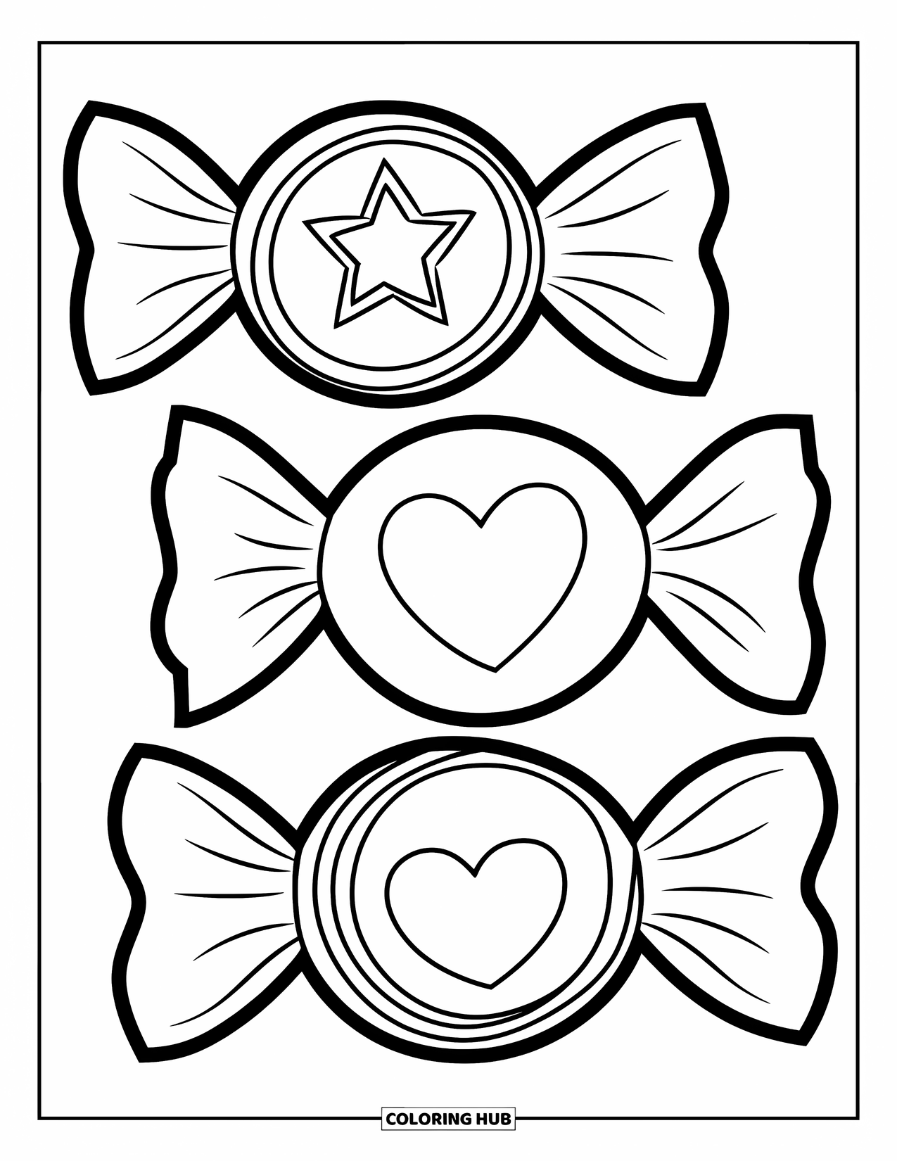 Desenho de Doces para Colorir para Crianças: Três doces embrulhados em diferentes formatos: estrela, coração e círculo, com contornos marcantes