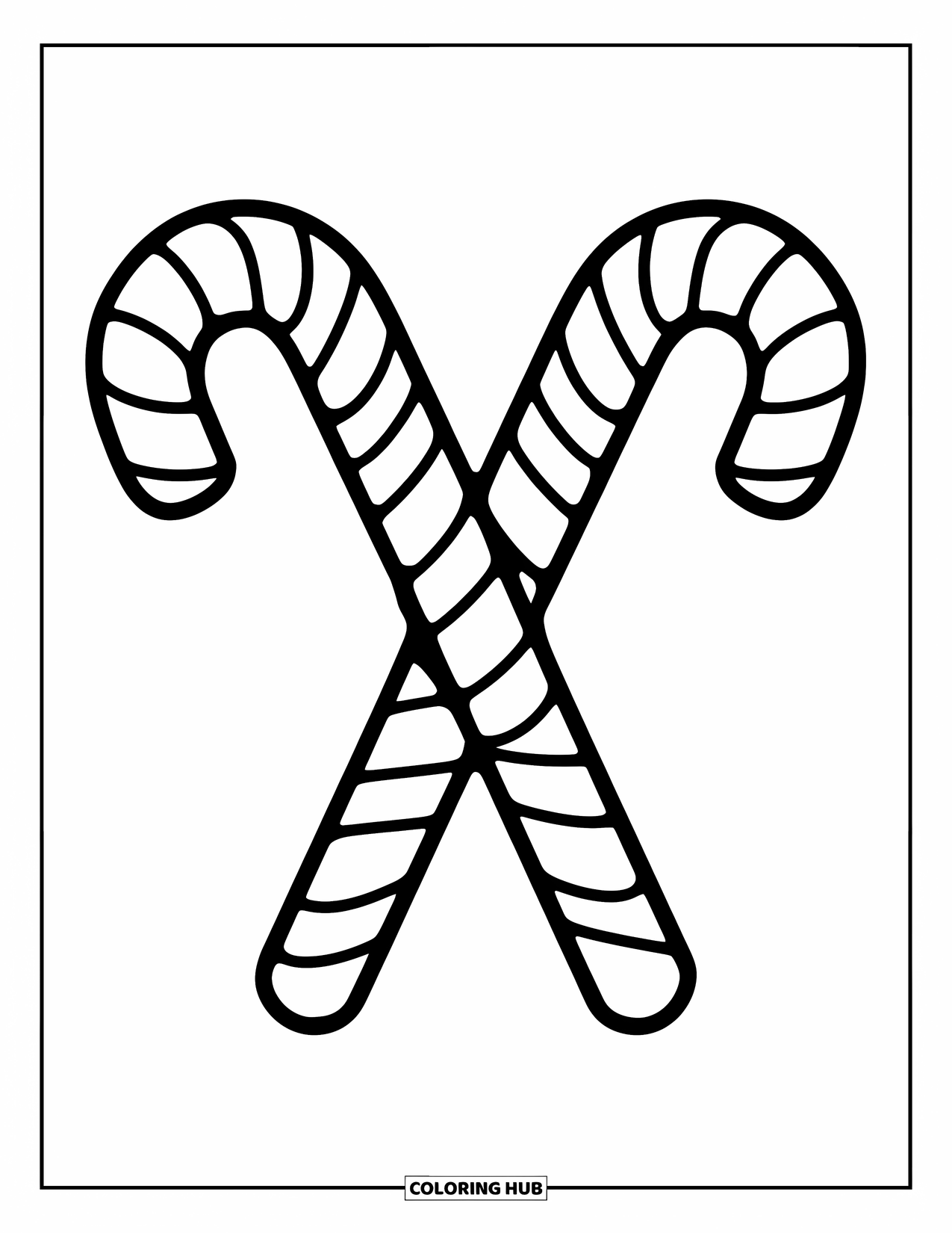 Desenho de Doces para Colorir para Crianças: Duas bengalas doces cruzadas com contornos marcantes em um fundo limpo