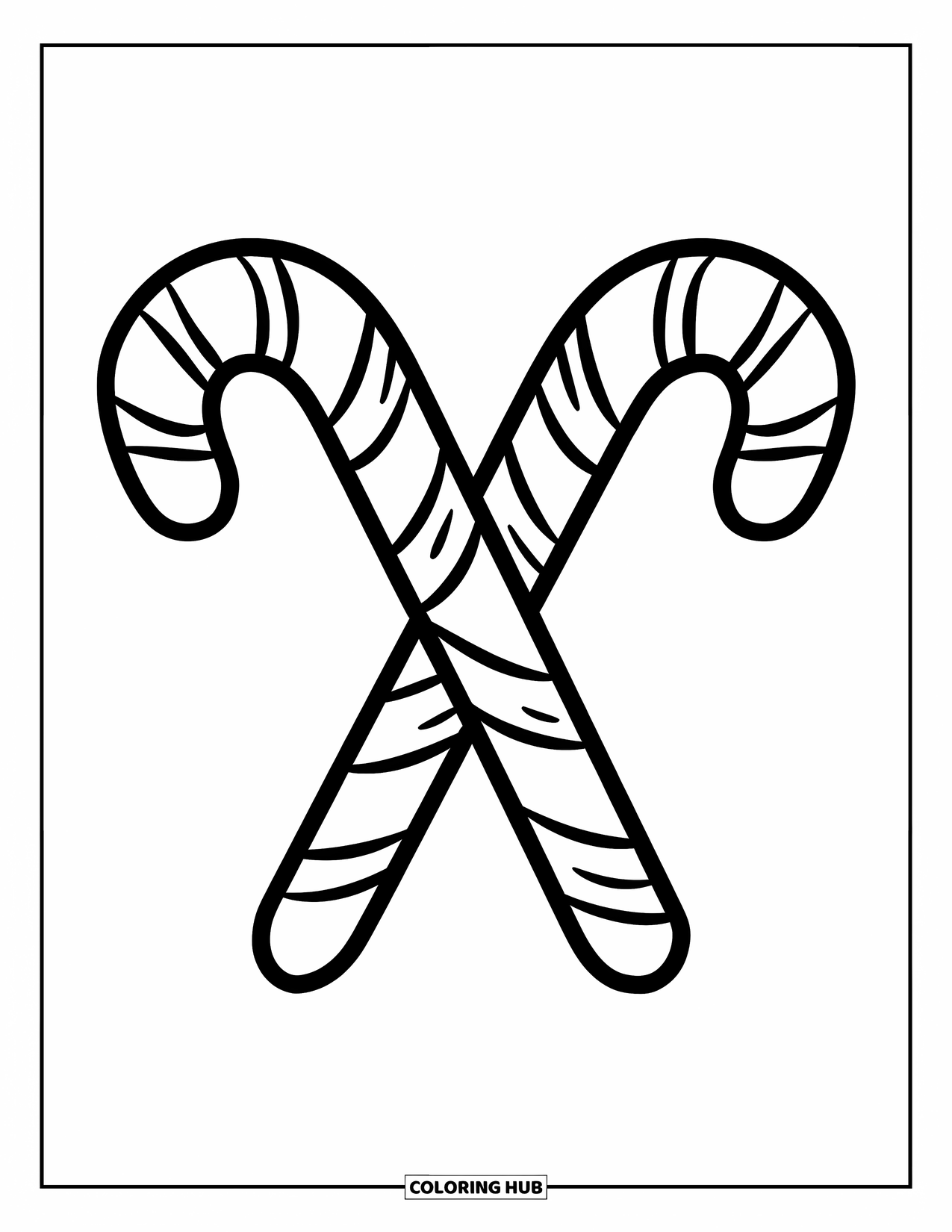 Desenho de Doces para Colorir para Crianças: Duas bengalas doces cruzadas com contornos limpos em um fundo simples