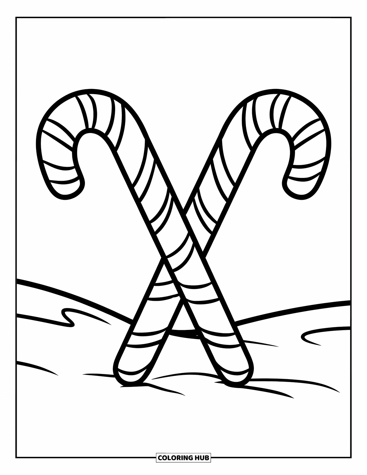 Desenho de Doces para Colorir para Crianças: Duas bengalas doces cruzadas com listras colocadas em um chão coberto de neve