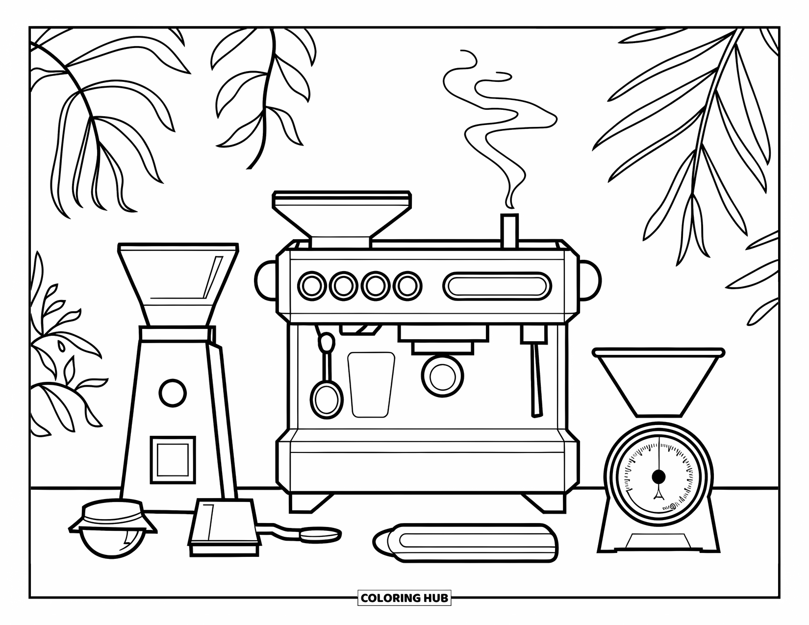 Desen de colorat cu cafea pentru adulți: Stația unui barista cu un espressor, ustensile de cafea și abur care se ridică