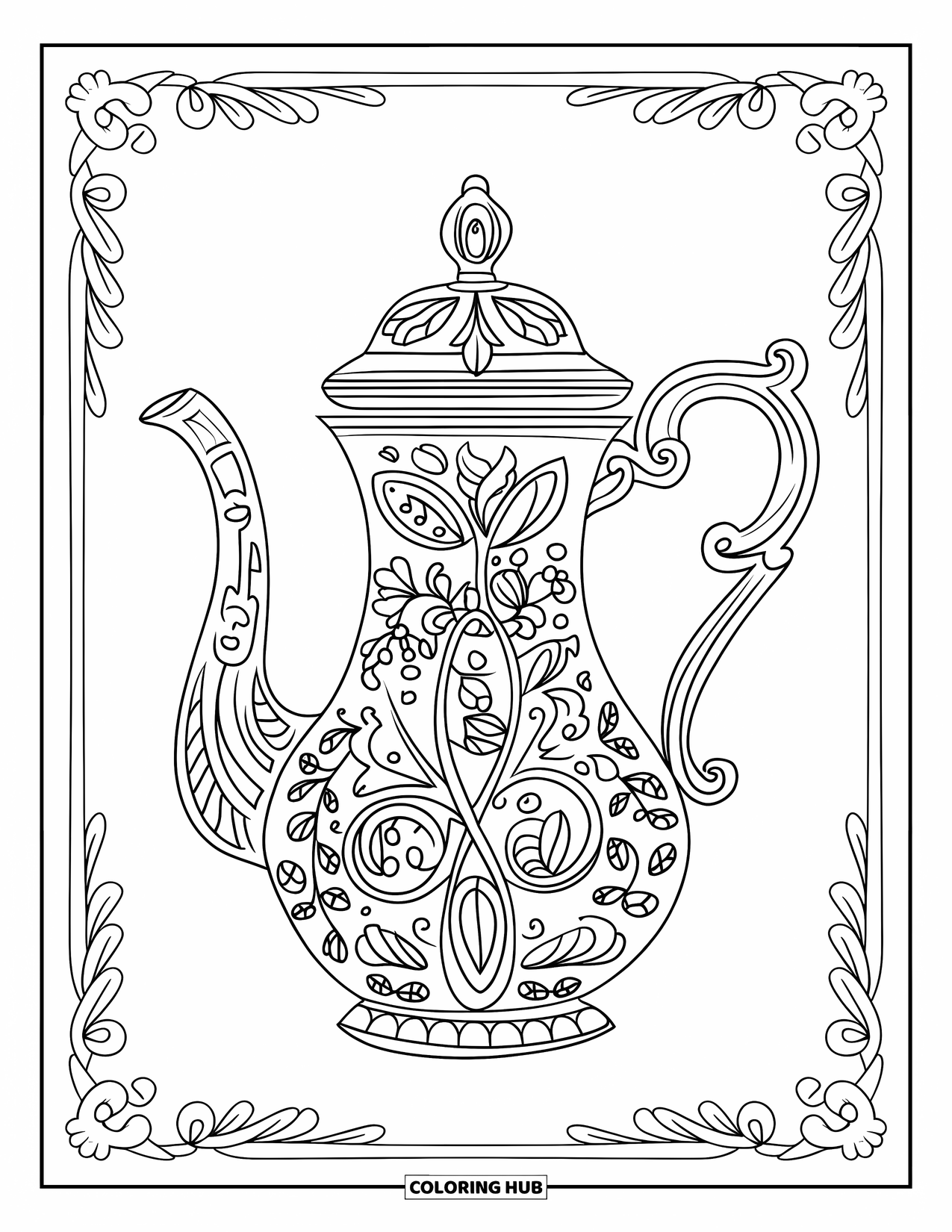 Desen de colorat cu cafea pentru adulți: Un ibric de cafea clasic cu modele complicate și un fundal simplu