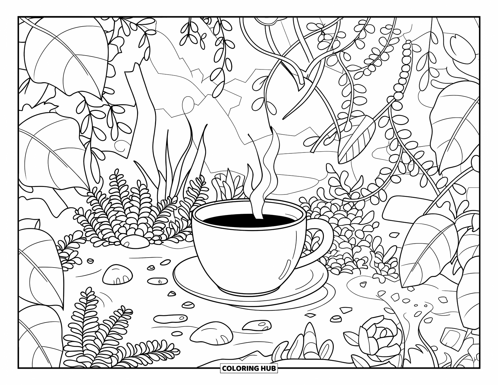 Desen de colorat cu cafea pentru adulți: O ceașcă de cafea printre viță de vie și trandafiri cu un zid rustic