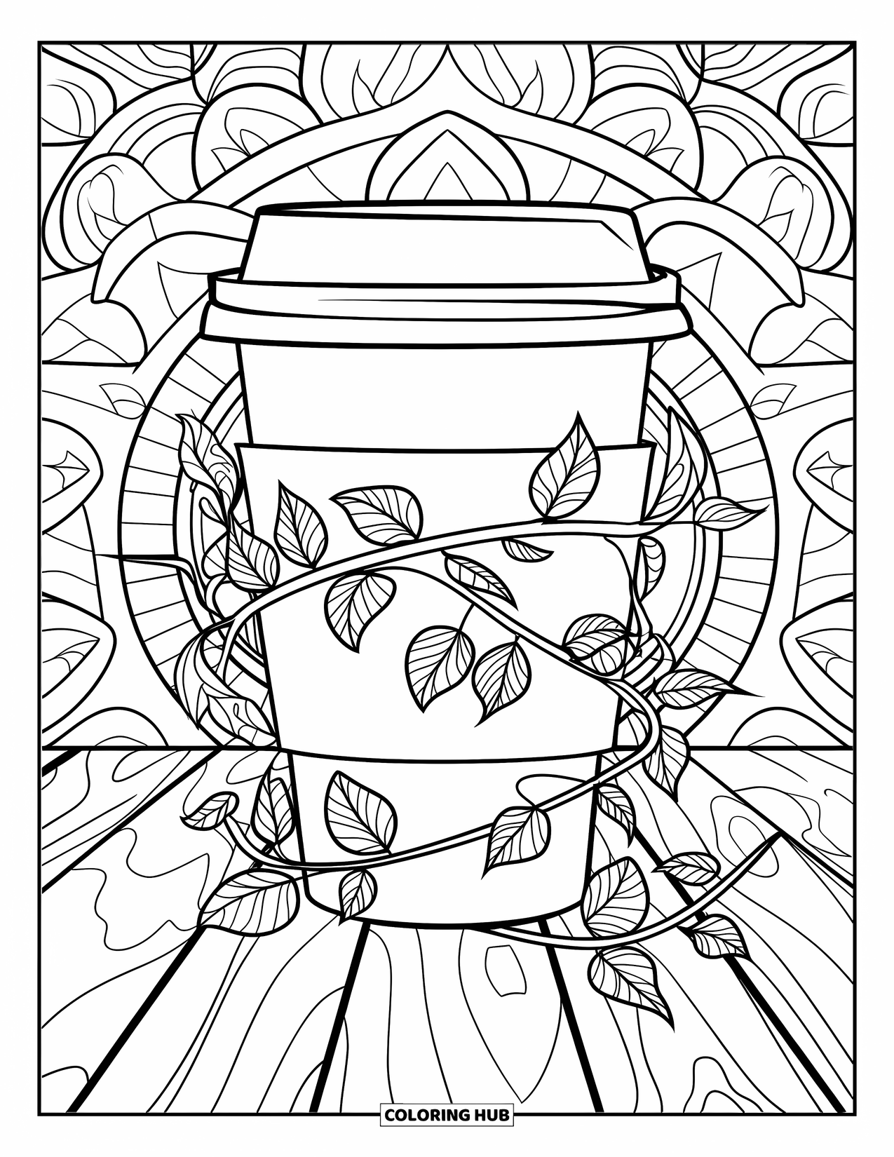 Desen de colorat cu cafea pentru adulți: O ceașcă de cafea împletită cu viță de vie, flori și o bordură