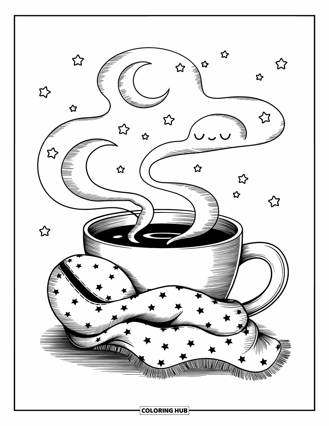 Desen de colorat cu cafea pentru adulți: O ceașcă de cafea care îmbrățișează o pernă de pluș cu boabe, cu abur formând luni și stele