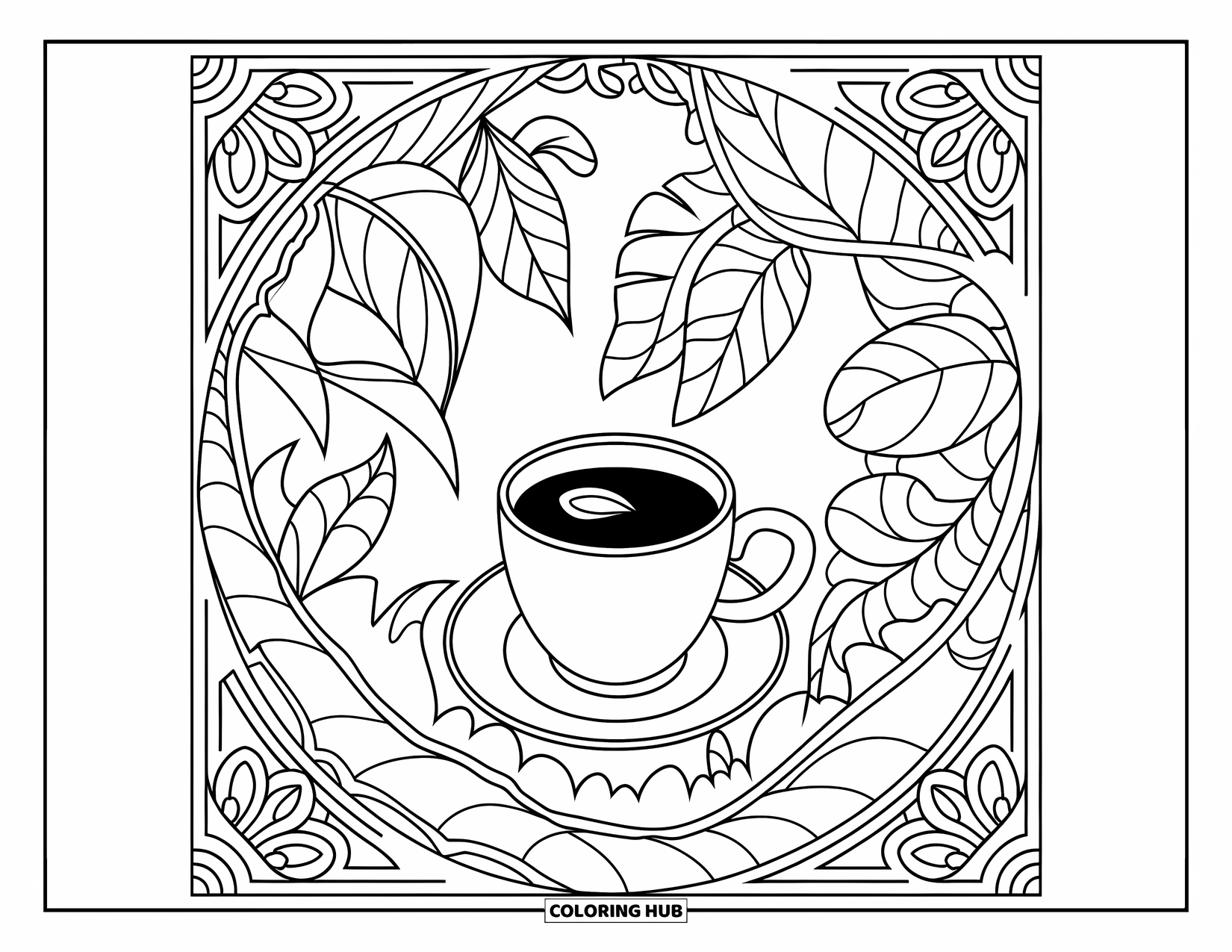 Desen de colorat cu cafea pentru adulți: O ceașcă de cafea într-o grădină cu plante complicate și borduri decorative