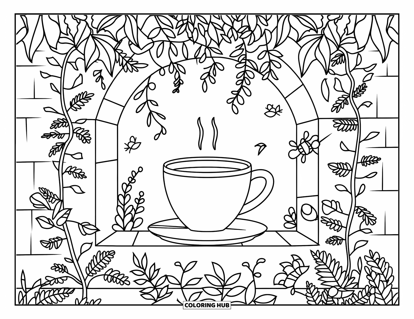 Desen de colorat cu cafea pentru adulți: O ceașcă de cafea înconjurată de viță de vie, ferigi și un zid de piatră