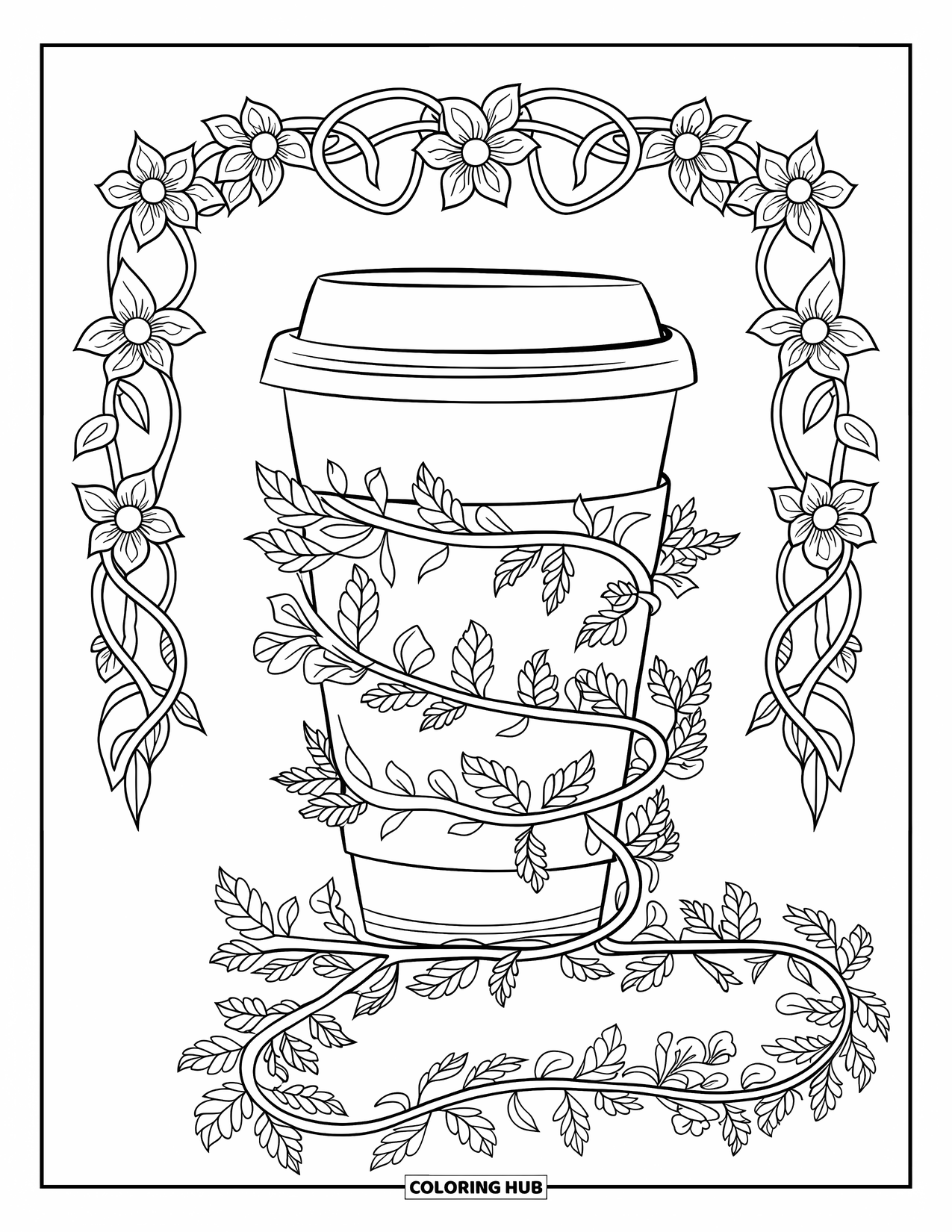 Desen de colorat cu cafea pentru adulți: O ceașcă de cafea cu viță de vie botanică ondulată