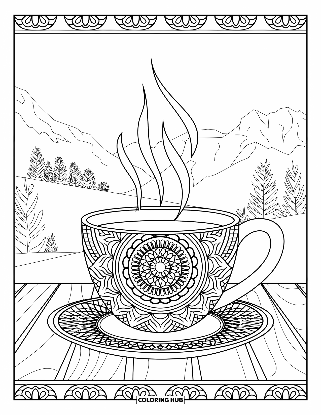 Desen de colorat cu cafea pentru adulți: O ceașcă de cafea cu modele mandala și munți