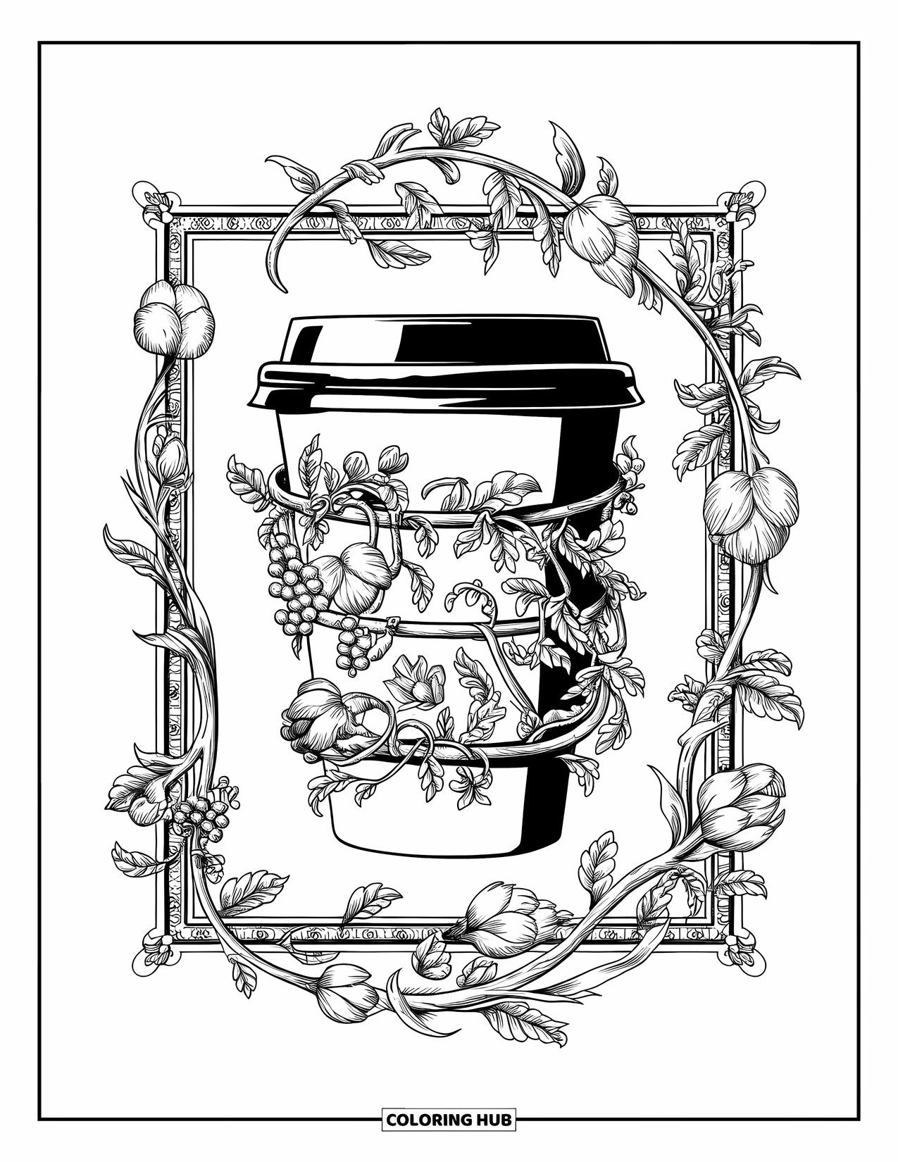 Desen de colorat cu cafea pentru adulți: O ceașcă de cafea înfășurată în liane botanice cu flori