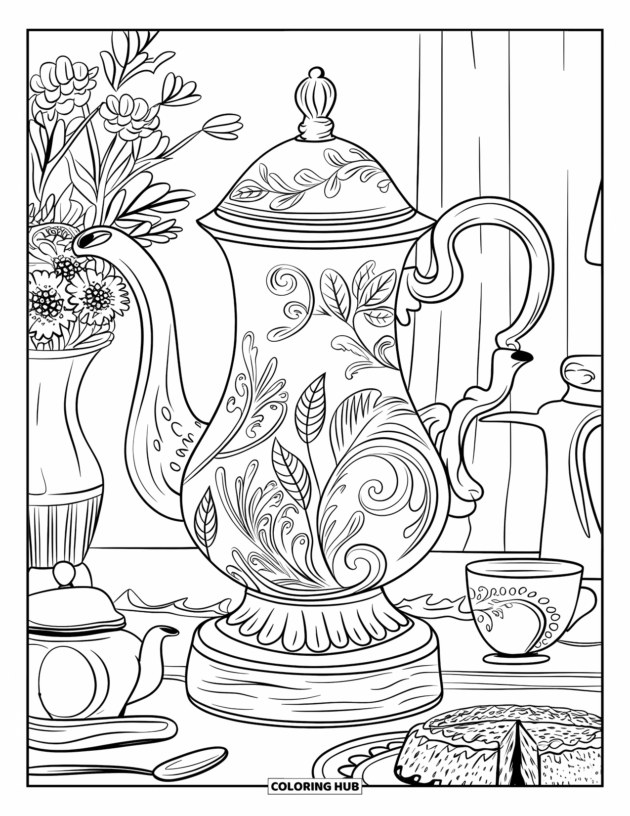 Desen de colorat cu cafea pentru adulți: Un ibric de cafea pe o bază de lemn cu un ceainic și prăjitură