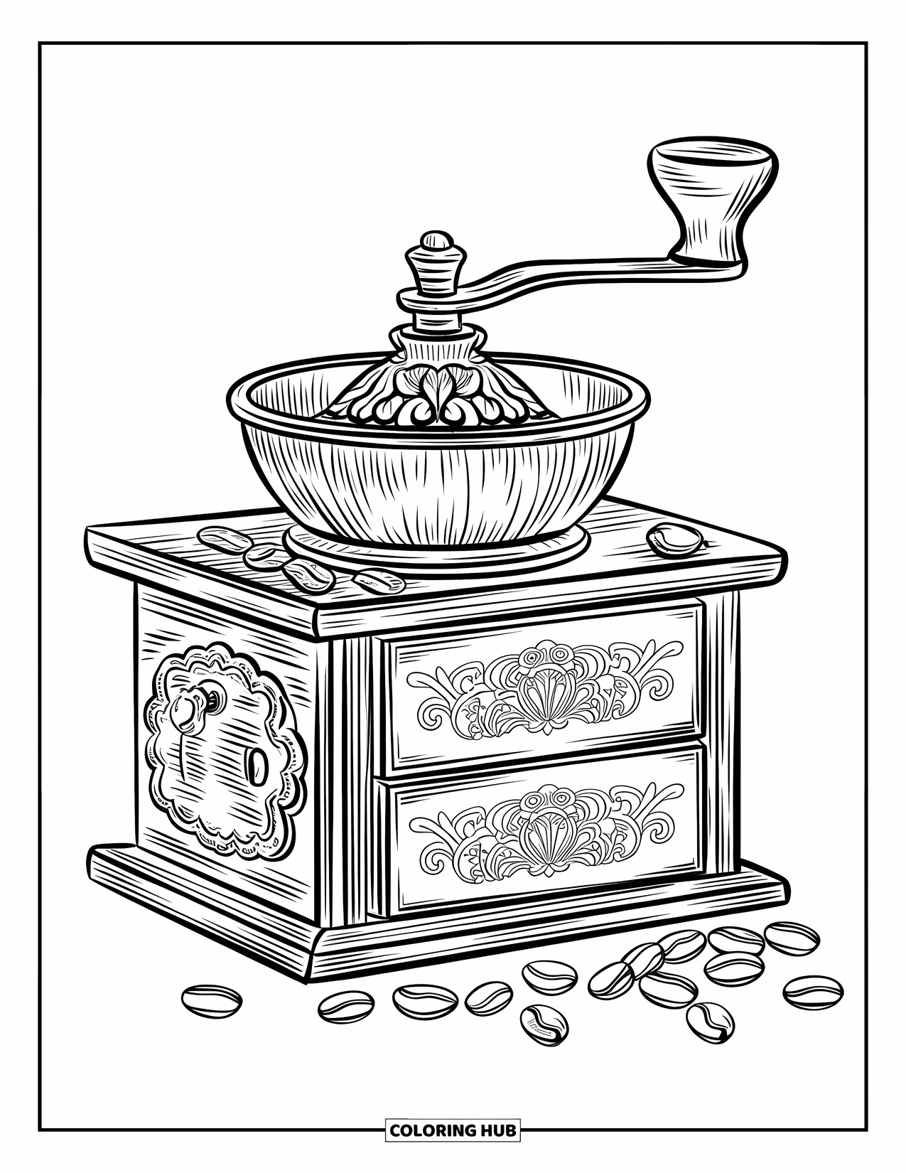 Desen de colorat cu cafea pentru adulți: O râșniță de cafea decorativă cu un gura de scurgere și boabe de cafea