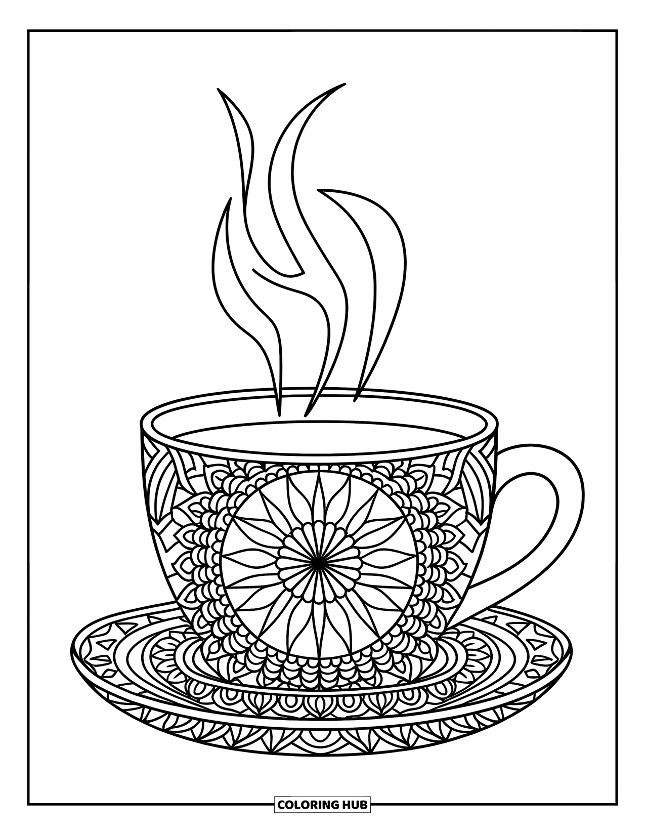 Desen de colorat cu cafea pentru adulți: O ceașcă de cafea acoperită cu mandala pe o farfurioară de lemn