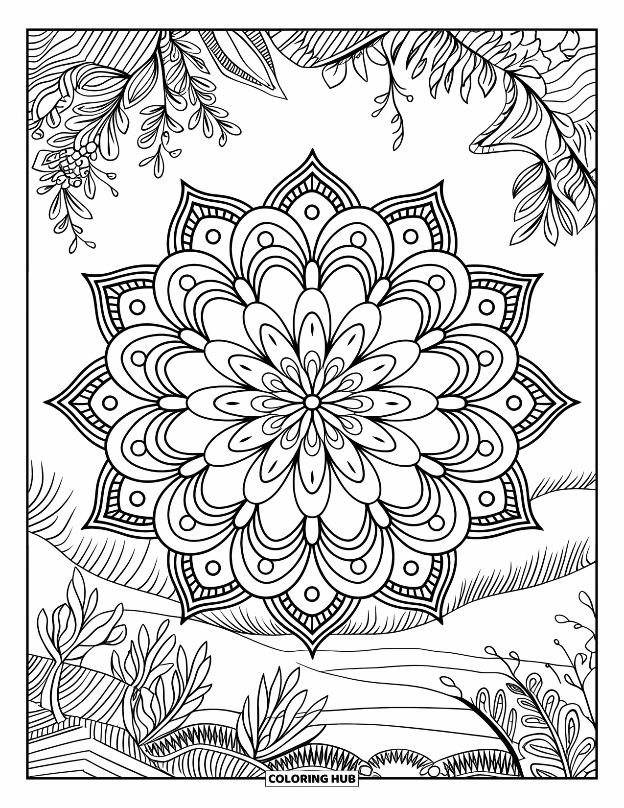 Desen de colorat cu cafea pentru adulți: O mandala cu modele florale și un fundal inspirat de natură