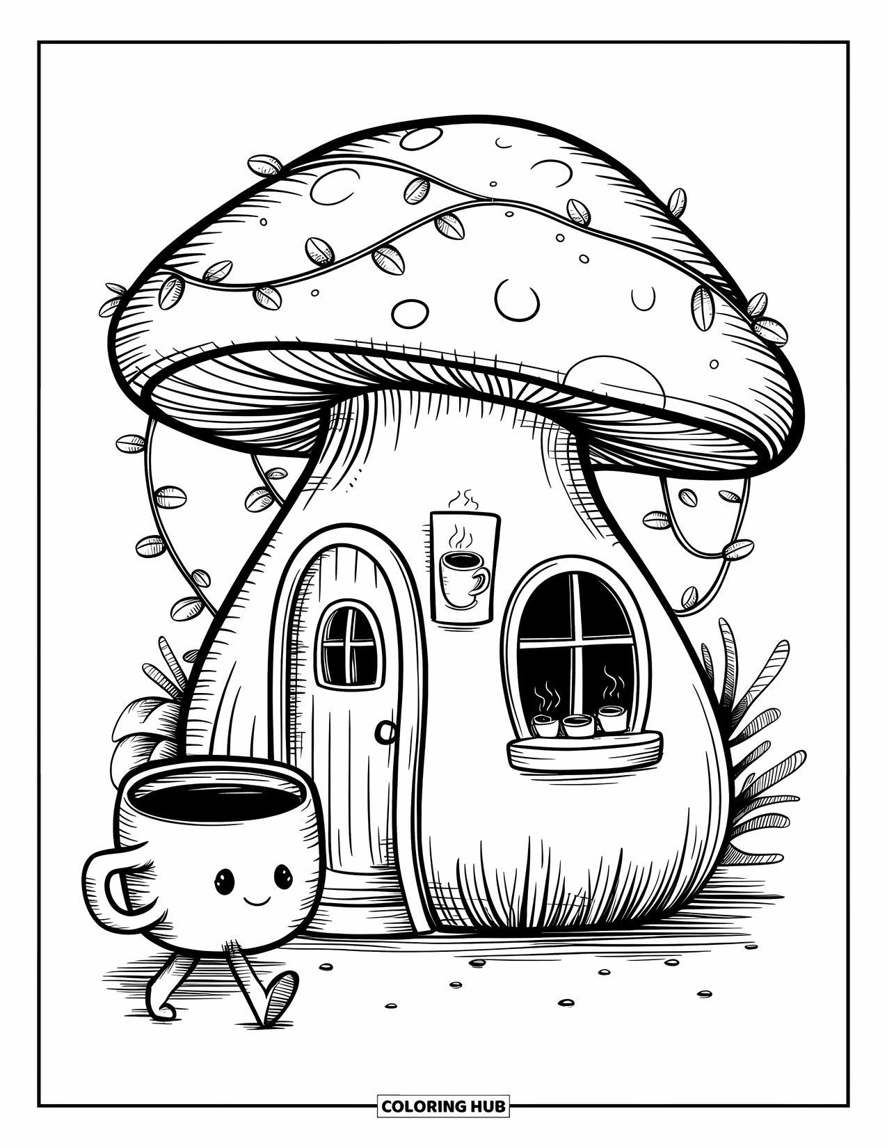 Desen de colorat cu cafea pentru adulți: O cafenea ciupercă cu ferestre mici, o ușă și un acoperiș acoperit cu boabe de cafea