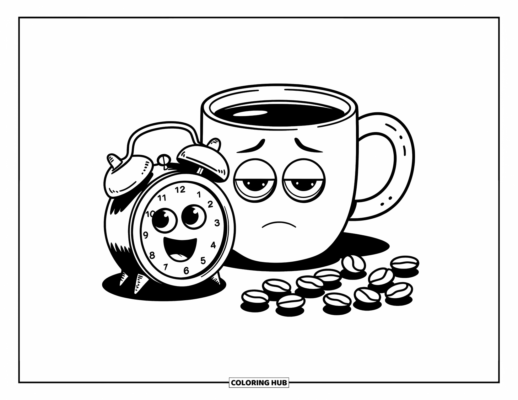 Desen de colorat cu cafea pentru adulți: O ceașcă de cafea somnoroasă lângă un ceas deșteptător mic, arătând epuizată