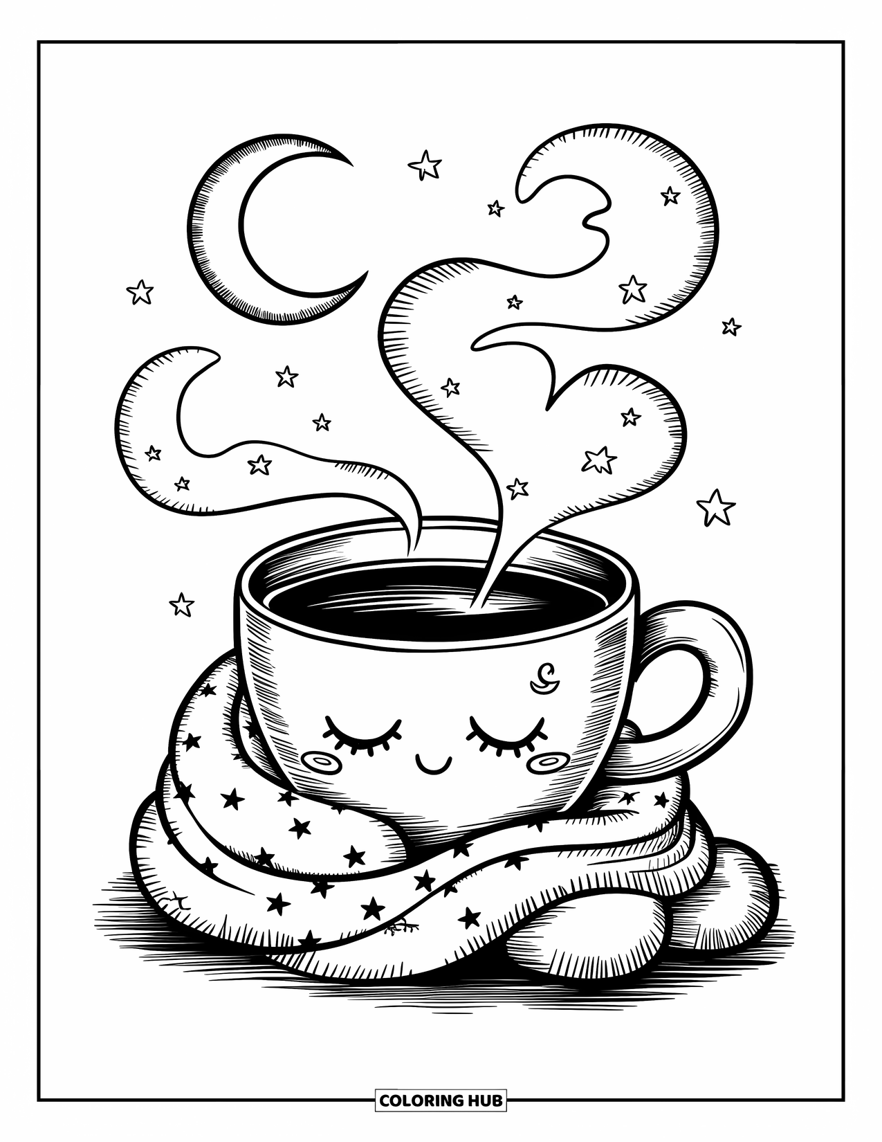 Desen de colorat cu cafea pentru adulți: O ceașcă de cafea somnoroasă care îmbrățișează o pernă de pluș cu boabe de cafea, cu forme de abur visătoare