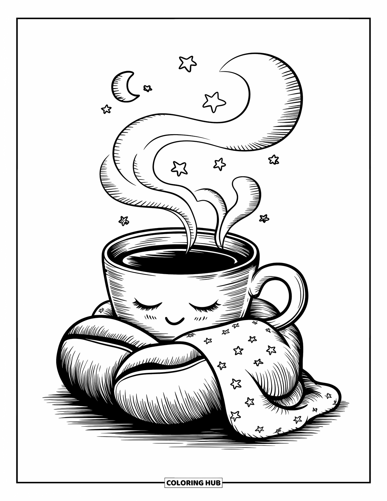 Desen de colorat cu cafea pentru adulți: O ceașcă de cafea somnoroasă înfășurată într-o pătură, îmbrățișând o boabă de cafea uriașă