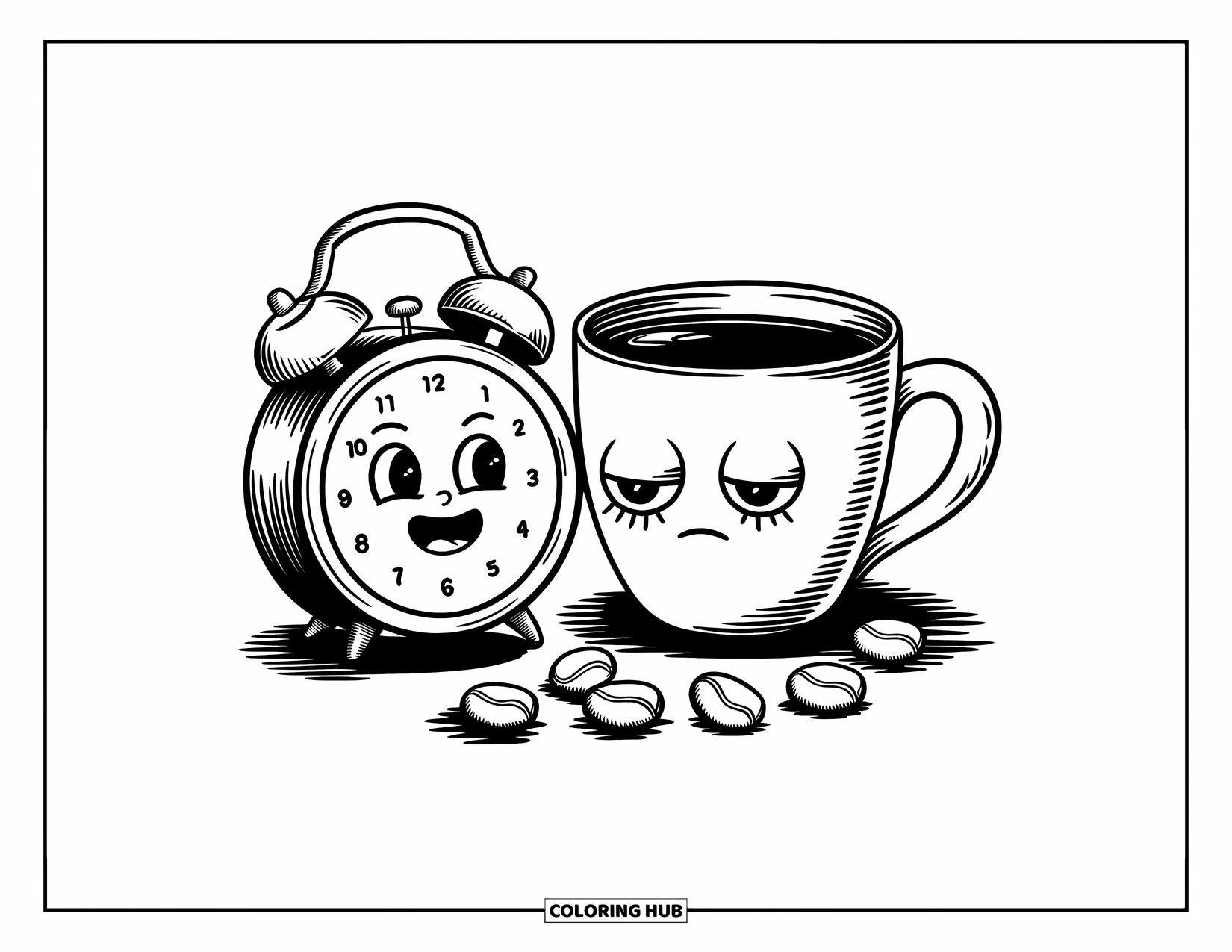 Desen de colorat cu cafea pentru adulți: O cană de cafea somnoroasă lângă un ceas deșteptător, înconjurată de boabe de cafea mici care sar