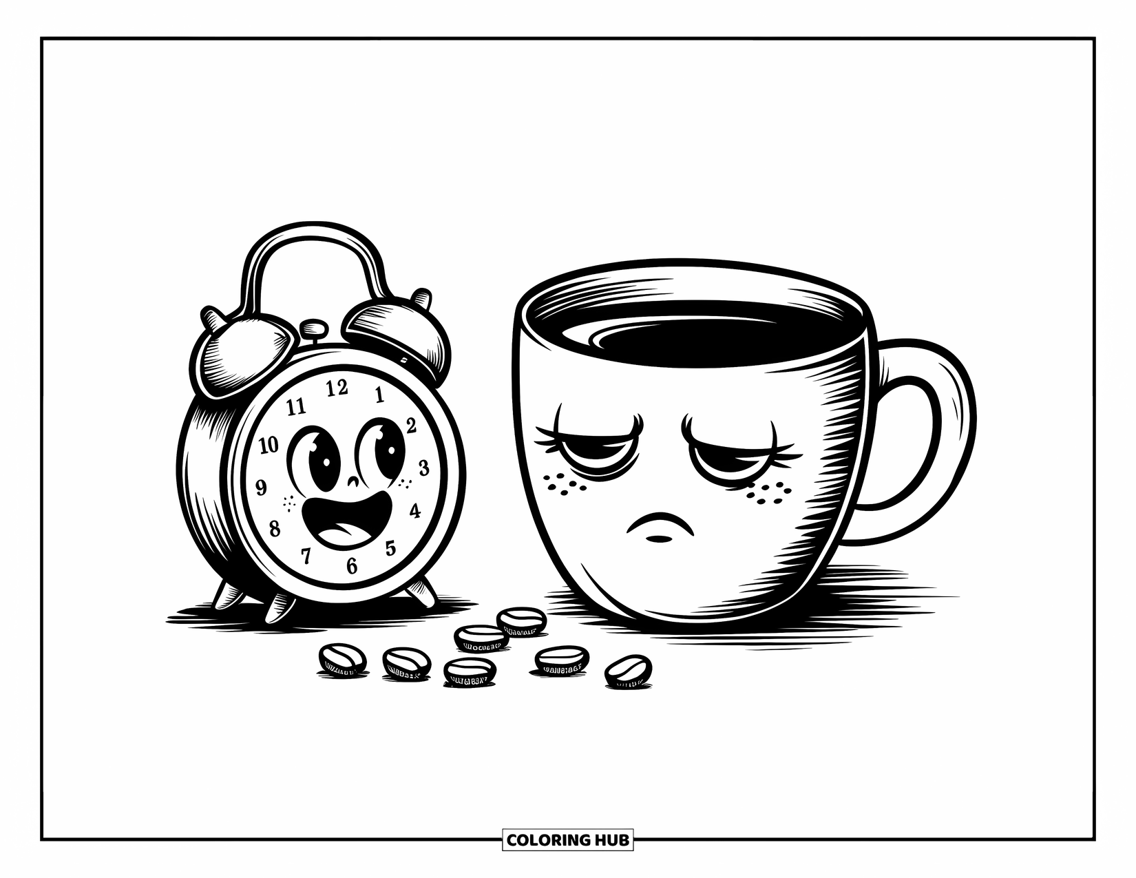 Desen de colorat cu cafea pentru adulți: O cană de cafea somnoroasă cu ochi obosiți, așezată lângă un ceas deșteptător entuziasmat
