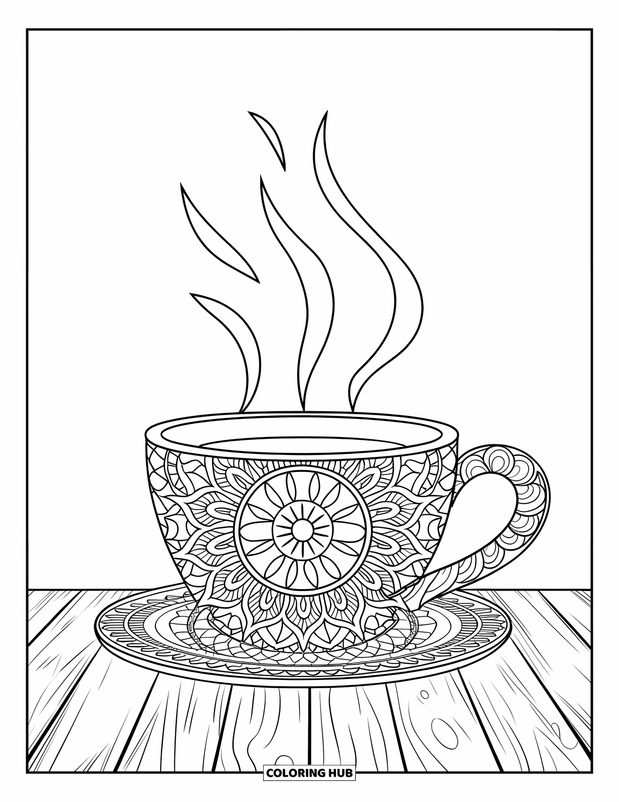 Desen de colorat cu cafea pentru adulți: O ceașcă de cafea aburindă acoperită cu modele mandala