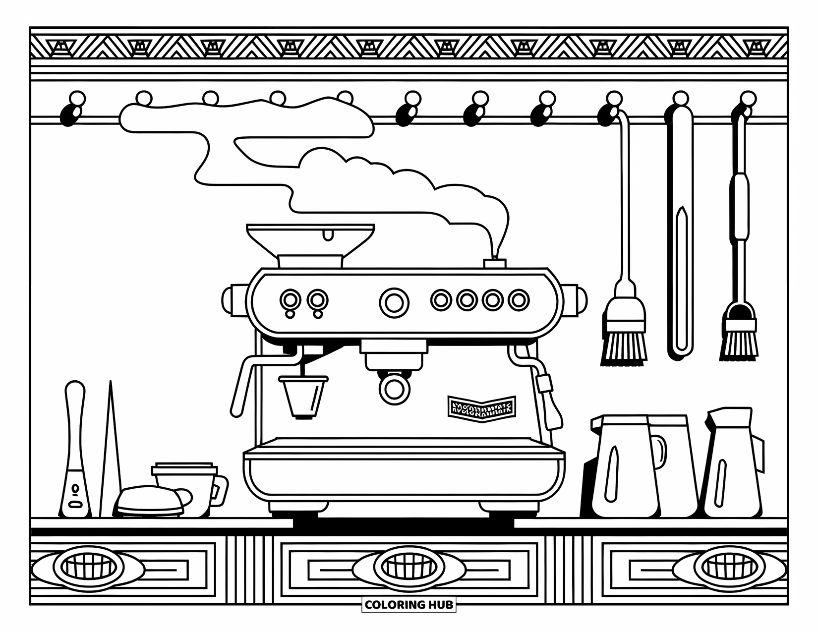 Desen de colorat cu cafea pentru adulți: Un aparat de espresso elegant cu instrumente de cafea, modele complicate și abur