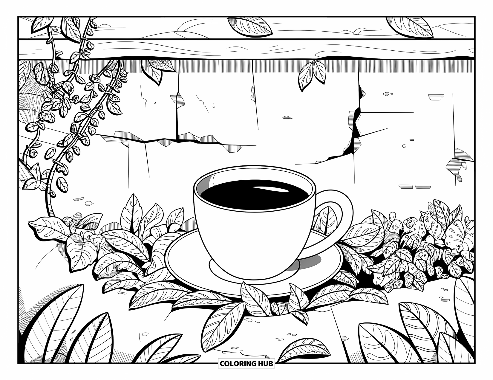 Desen de colorat cu cafea pentru adulți: O ceașcă de cafea vintage înfășurată în liane, pe un perete crăpat