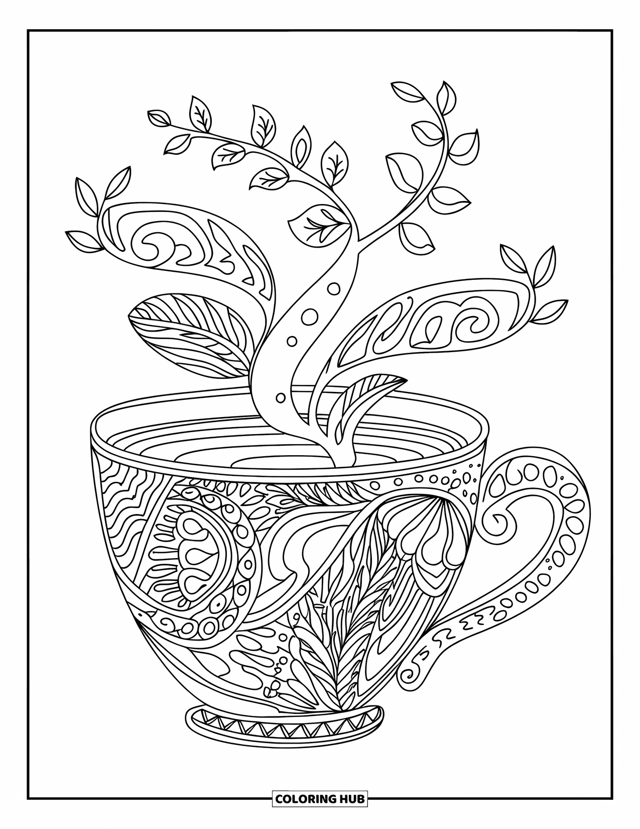 Desen de colorat cu cafea pentru adulți: O ceașcă de cafea cu design complex, cu viță de vie și frunze